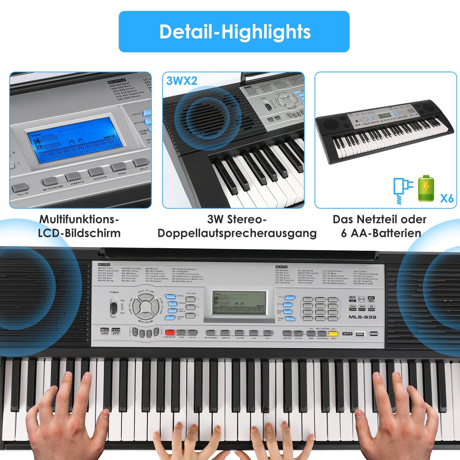 TLGREEN Digitalpiano Keyboard Piano Digital Klavier 61 Tasten, E-Piano Tastatur, Automatische Bassakkorde: Einzelfinger/Mehrfinger/Synthetik/Akkord