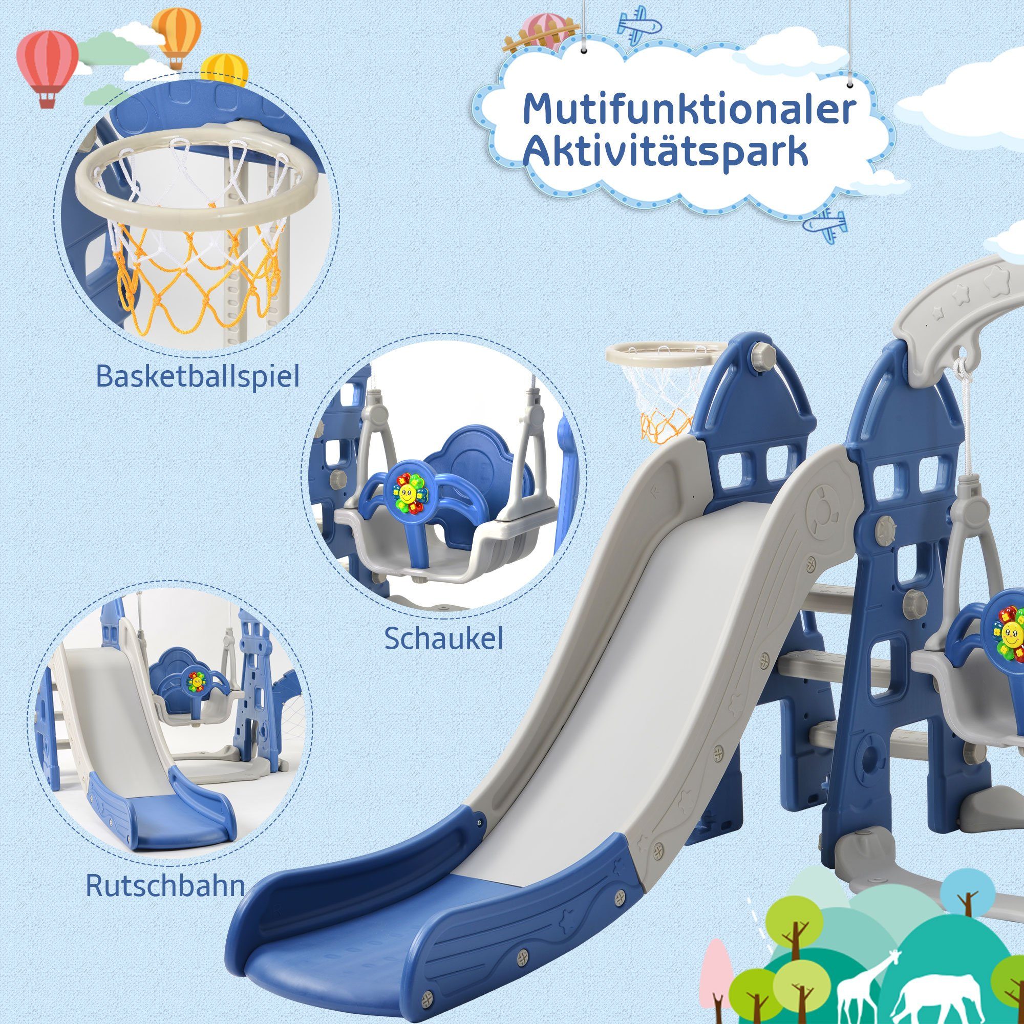 WISHDOR Indoor-Rutsche 5 in 1 Rutsche Kinderrutsche Fun-Slide Schaukel Kleinkinderrutsche, (Schaukel Rutsche Gartenrutsche, multifunktional mit Basketballkorb Fußballtor Kletterturm), mit Rutschbahn für 2-8 Jahre Kinder Indoor & Outdoor