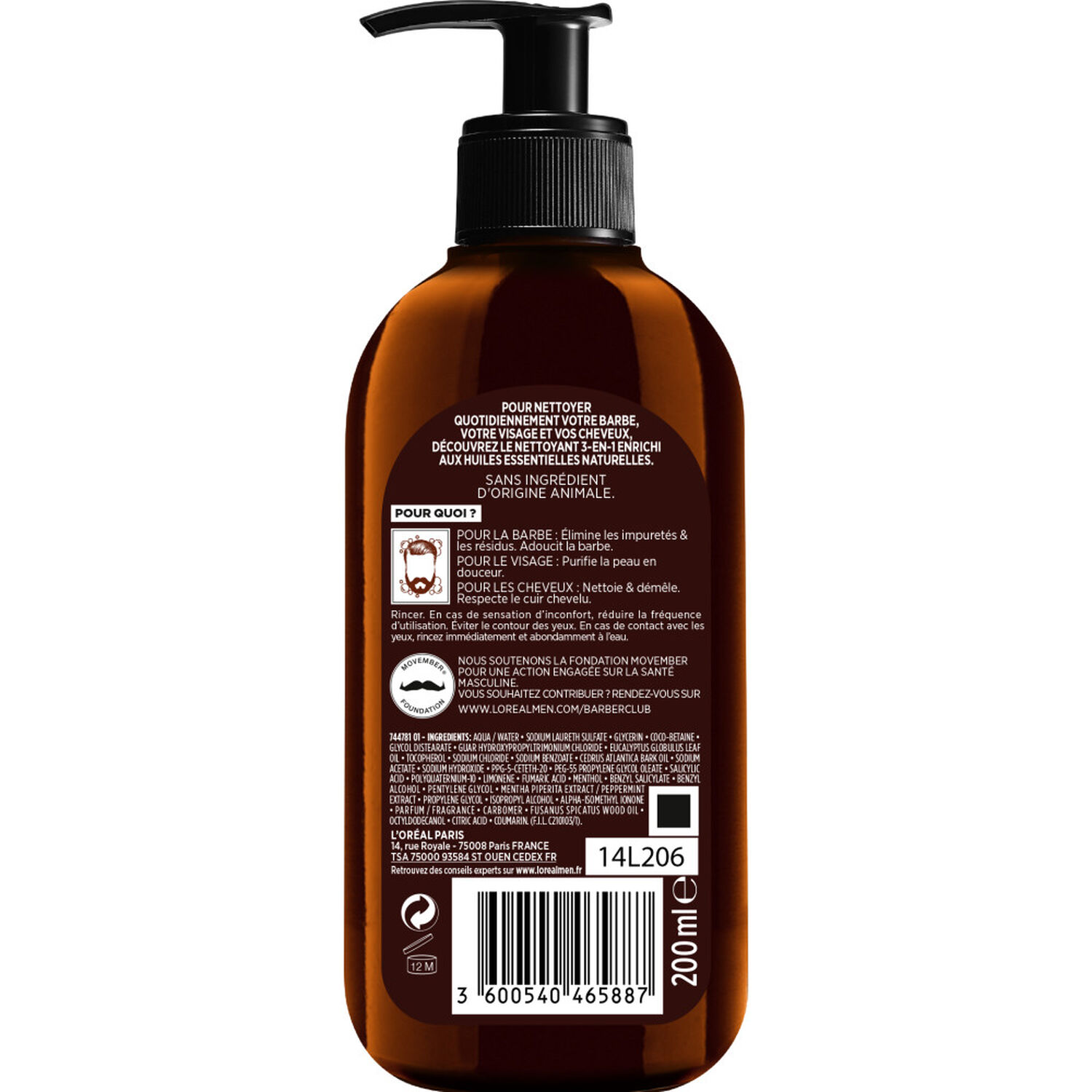 L'Oréal Paris Men Expert BarberClub Nettoyant 3 En 1, Barbe, Visage Et Cheveux Homme
