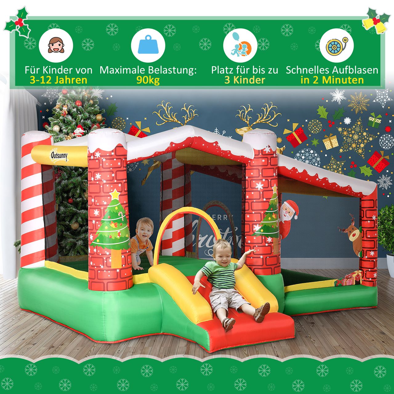 Outsunny Weihnachten Aufblasbare Hüpfburg Trampolin kleine Rutsche Ballgrube für 3 Kinder Springburg mit Gebläse für 3-8 Jahre Kindergarten Oxford-Gewebe Polyester Rot Grün 325 x 270 x 175 cm