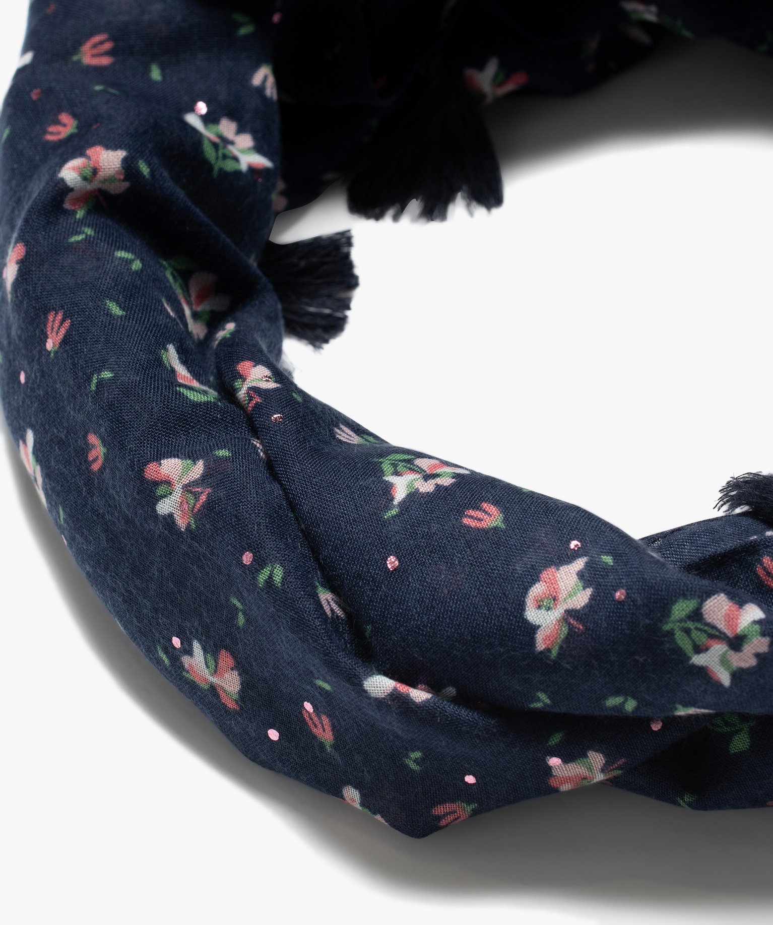 Foulard fille forme snood motif fleurs, pois et à pompons bleu | GEMO