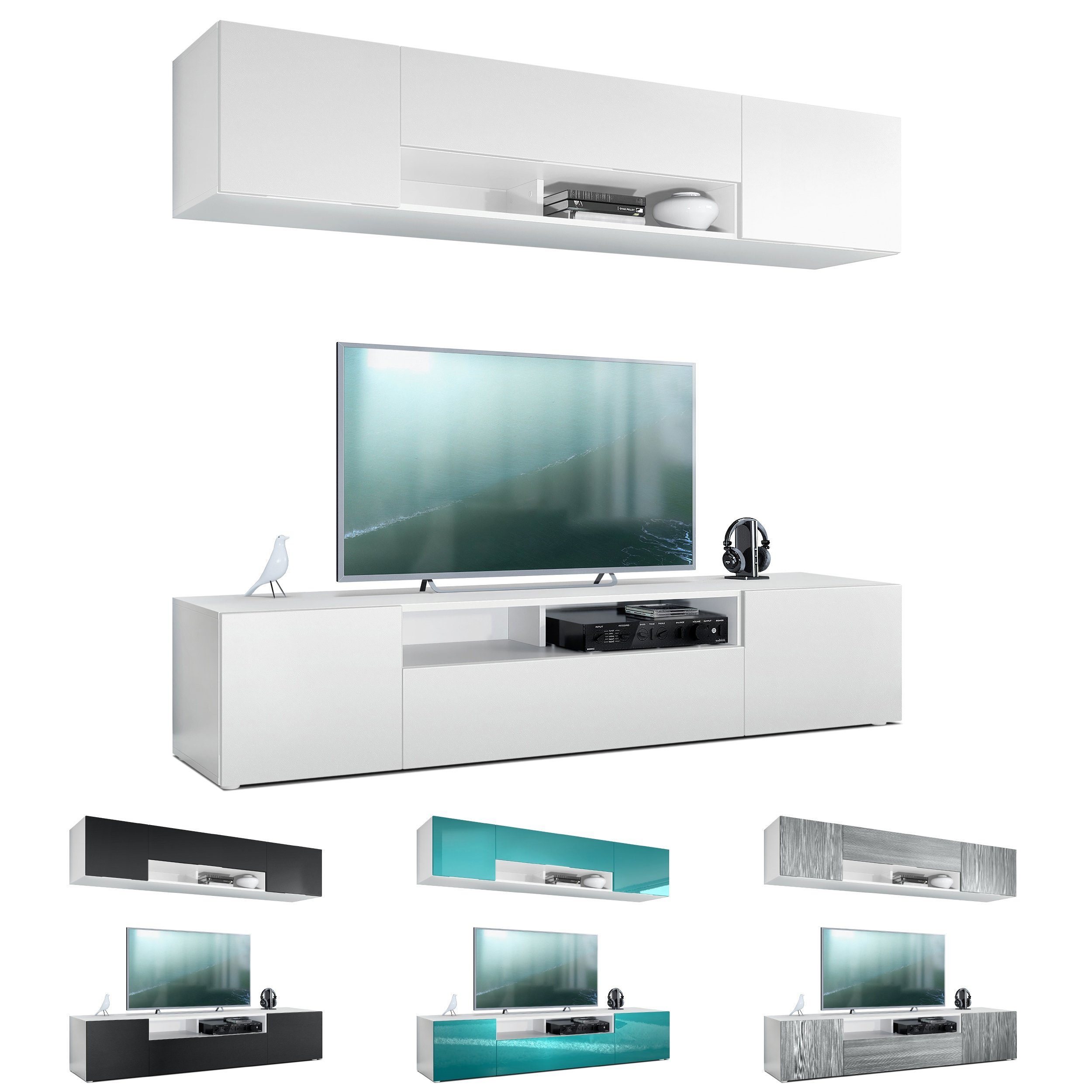 Vladon Wohnwand Mogan, (Anbauwand bestehend aus 2 TV-Boards, 2-St., mit jeweils 2 Türen, 1 Klappe und 1 offenes Fach), Weiß matt/Brombeer Hochglanz 2x (181 x 39 x 35 cm)