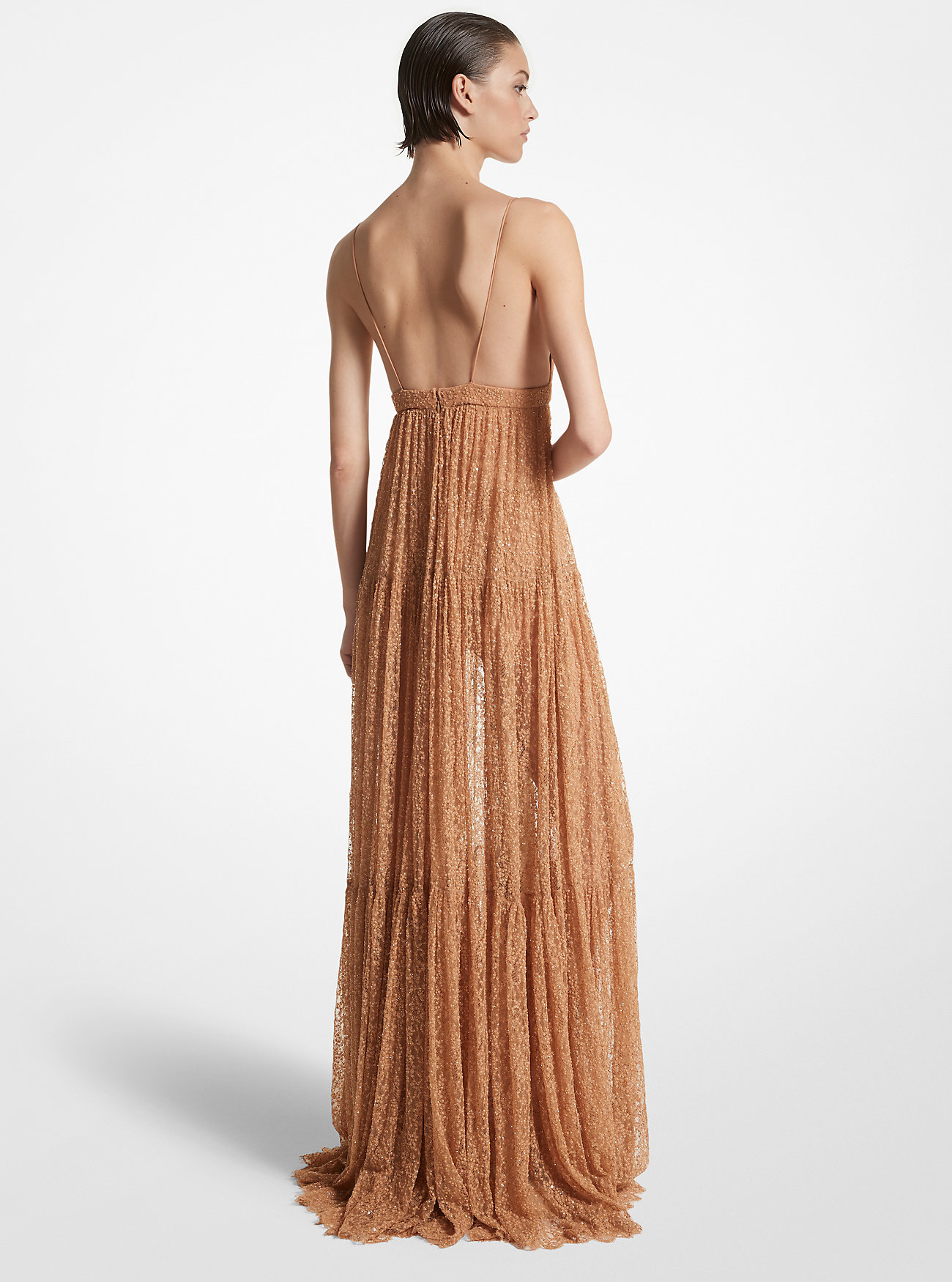 Hand-Embroidered Sequin Chantilly Lace Slip Gown - SUNTAN