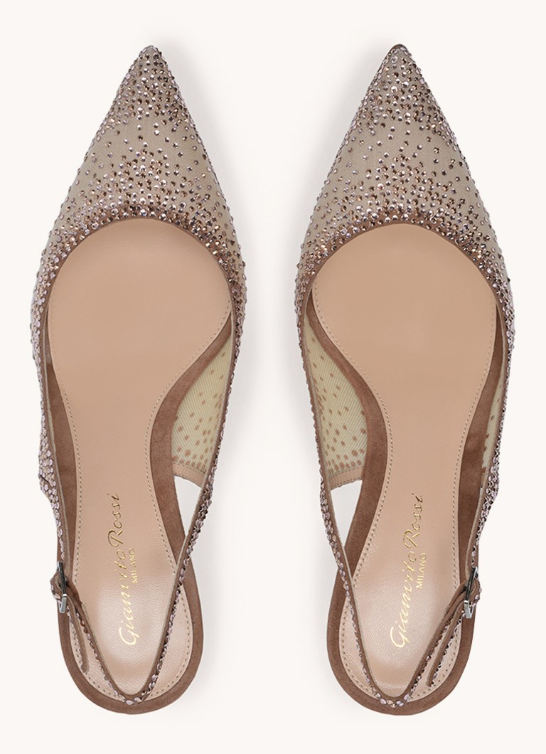 Pantofi cu toc slingback Regina din piele întoarsă cu strasuri de la Gianvito Rossi.