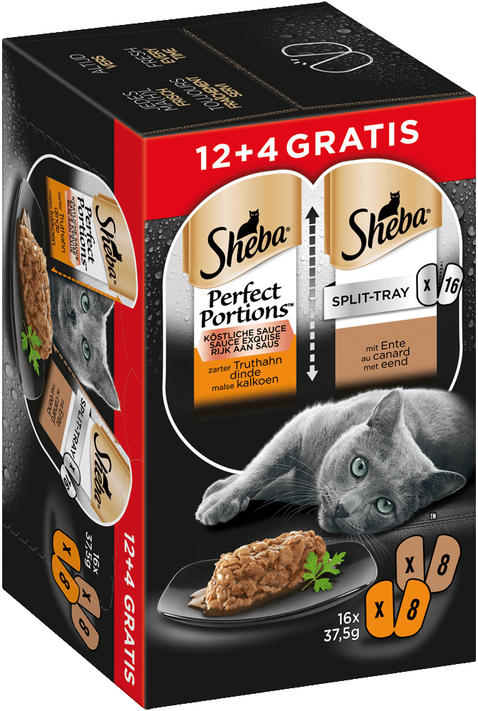 Sheba Perfect Portions Split-Tray Sauce mit Truthahn und mit Ente 12   4 Gratis, 600g