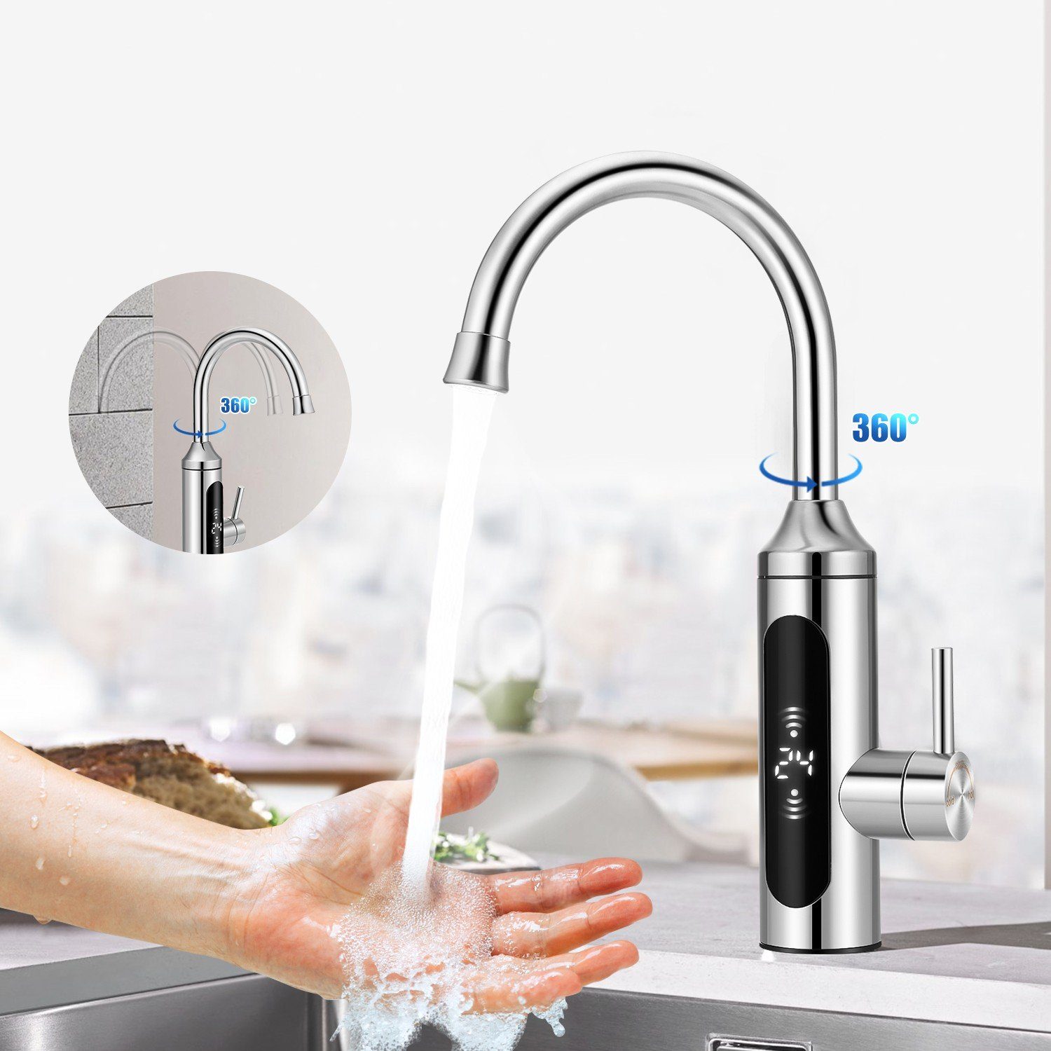 iscooter Klein-Durchlauferhitzer Elektrische Wasserhahn Edelstahl Armatur 360 ° Schwenkbar, Sofortiger Warmwasserbereiter Heater-LED Temperaturanzeige, IPX4