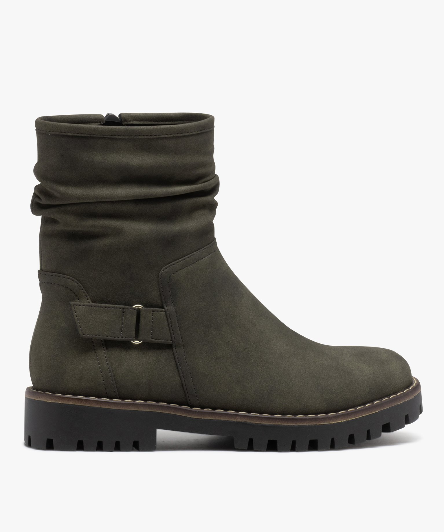 Boots femme à talon plat dessus uni avec col plissé kaki | GEMO