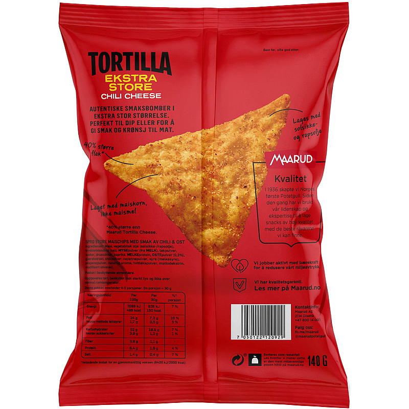 Maarud Tortilla 140 g Ekstra store chili cheese