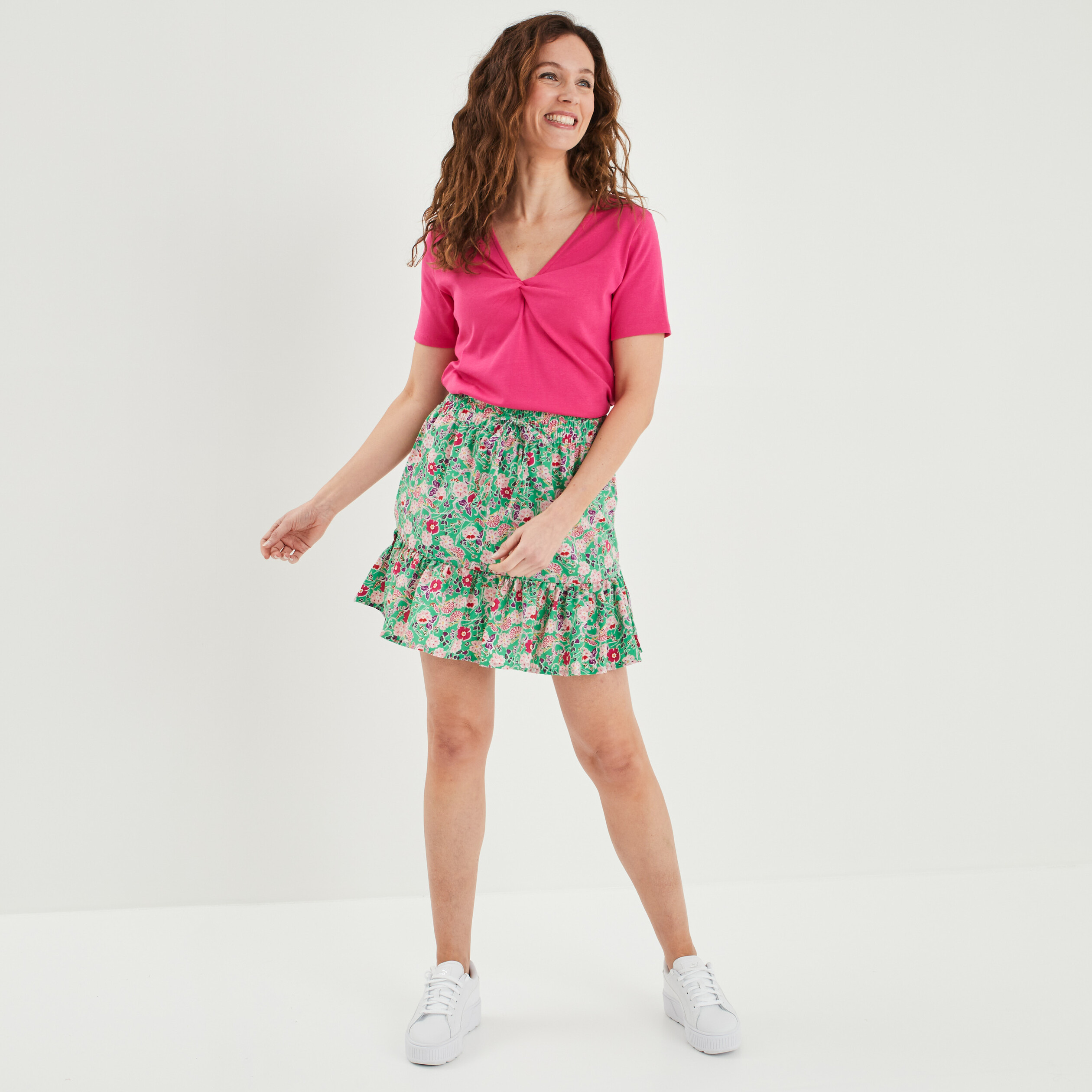 Jupe courte fluide taille smockée vert femme | La Halle