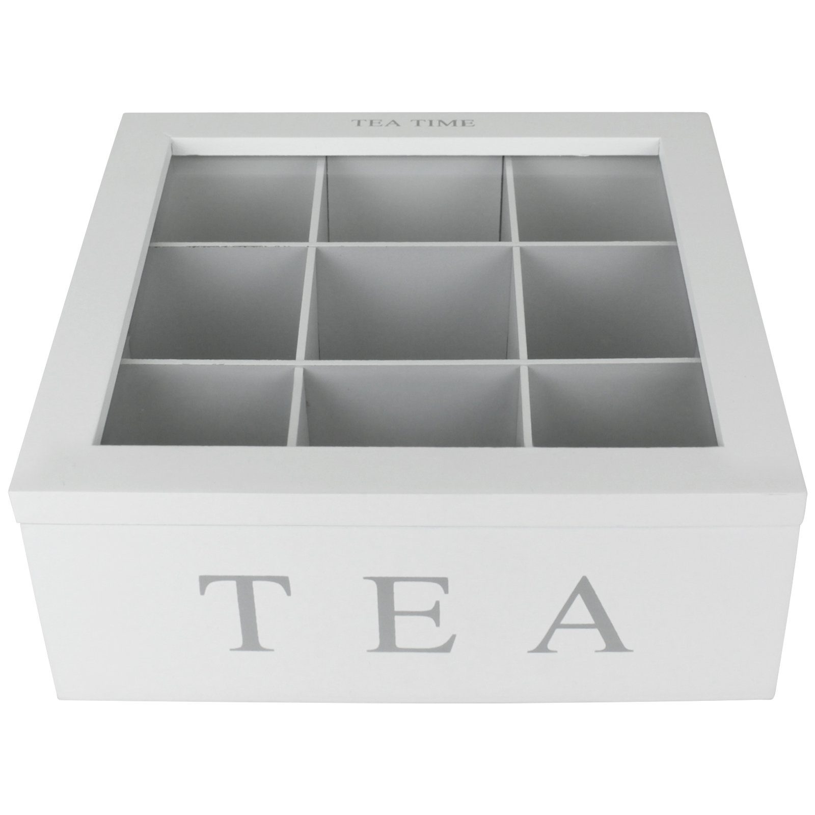 Koopman Teebox Teebeutelbox 9 Fächer Weiß Teekiste Teedose Teekasten Tee-Box Holz Box, Tee Aufbewahrung Teebeutel Kiste Aufbewahrungsbox Teebeutelkiste