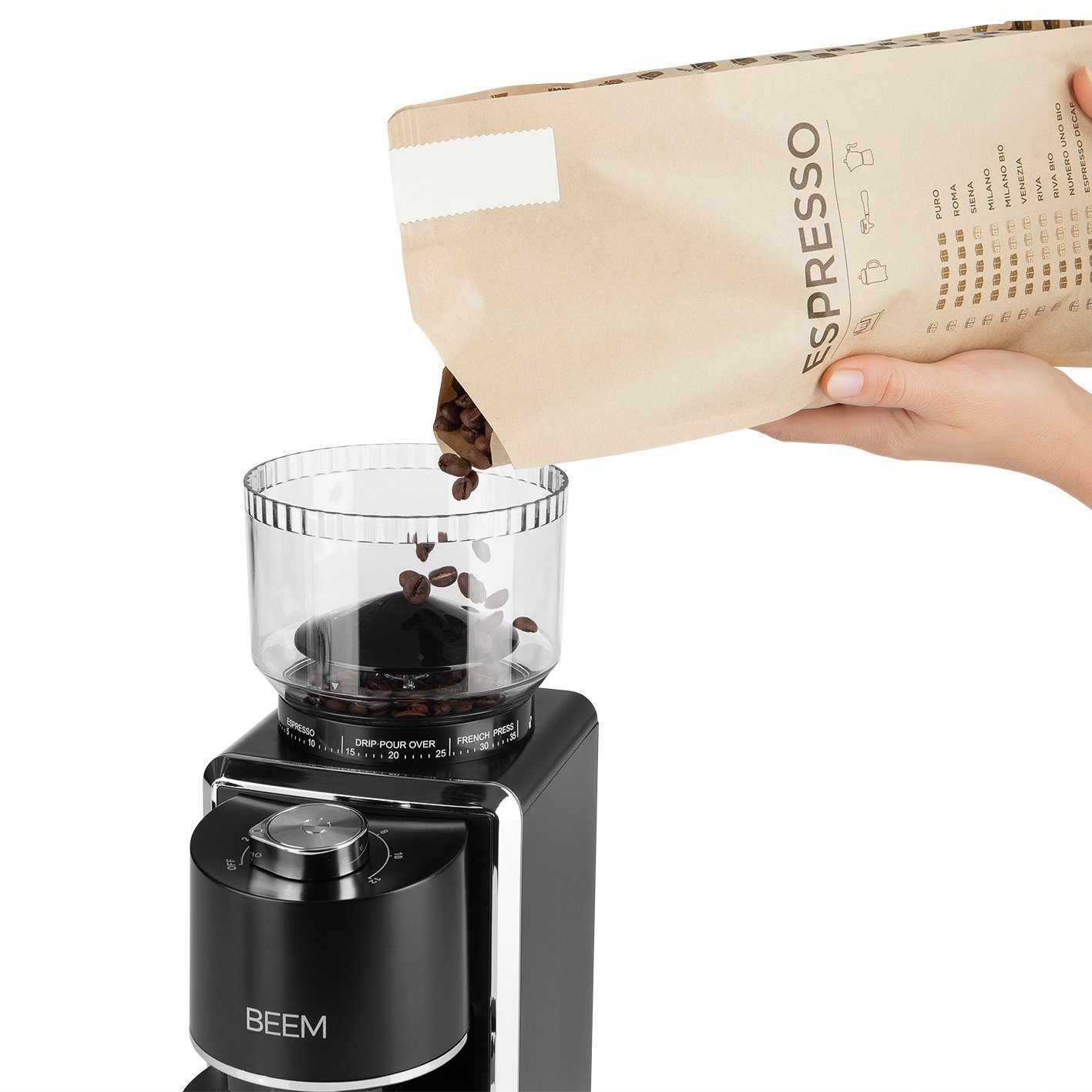 BEEM Kaffeemühle GRIND-PERFECT elektrisch 250 g, 150,00 W, 250,00 g Bohnenbehälter, Mengendosierung per Drehrad einstellbar (2-12 Tassen)