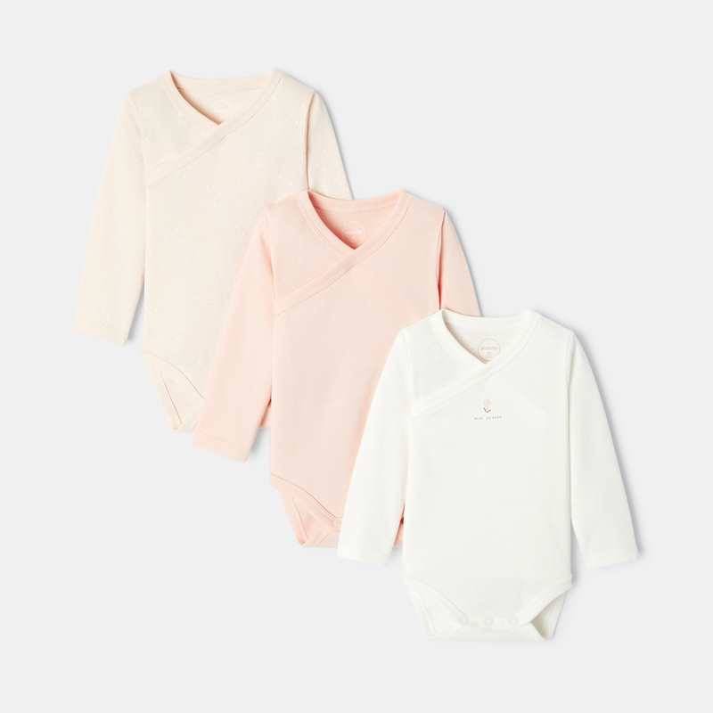 Lot de 3 bodies cœur croisé à manches longues en coton bio rose naissance Absorba