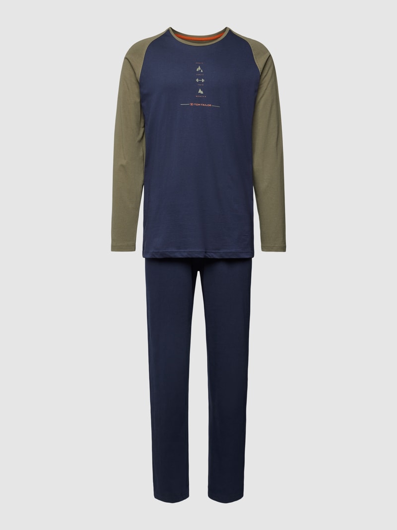 Pyjama mit Motiv- und Label-Print in dunkelblau