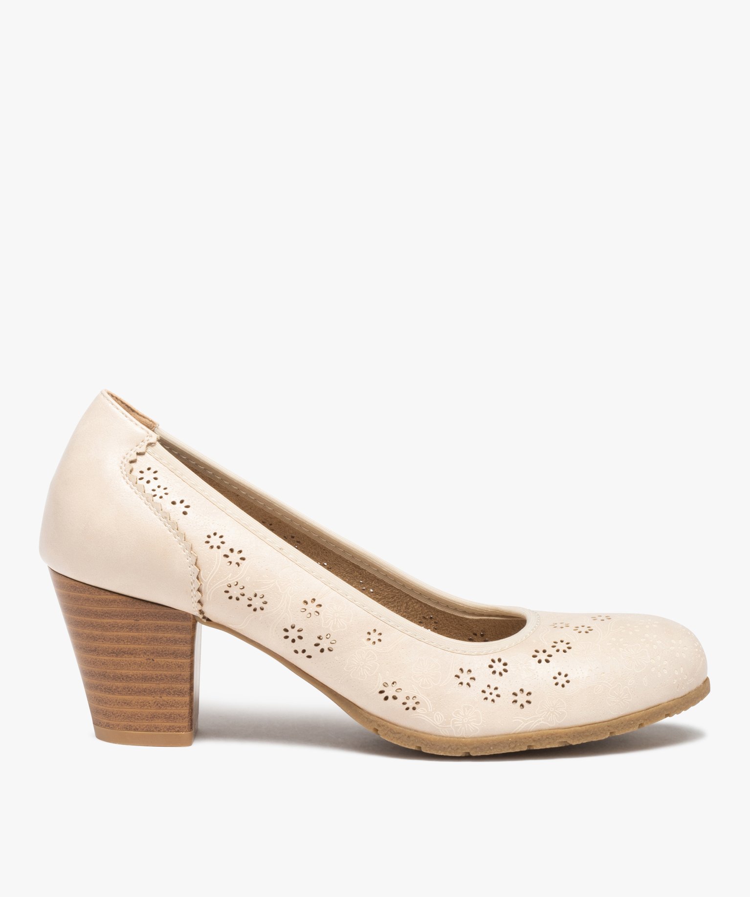 Escarpins femme dessus ajouré et talon rainuré beige | GEMO