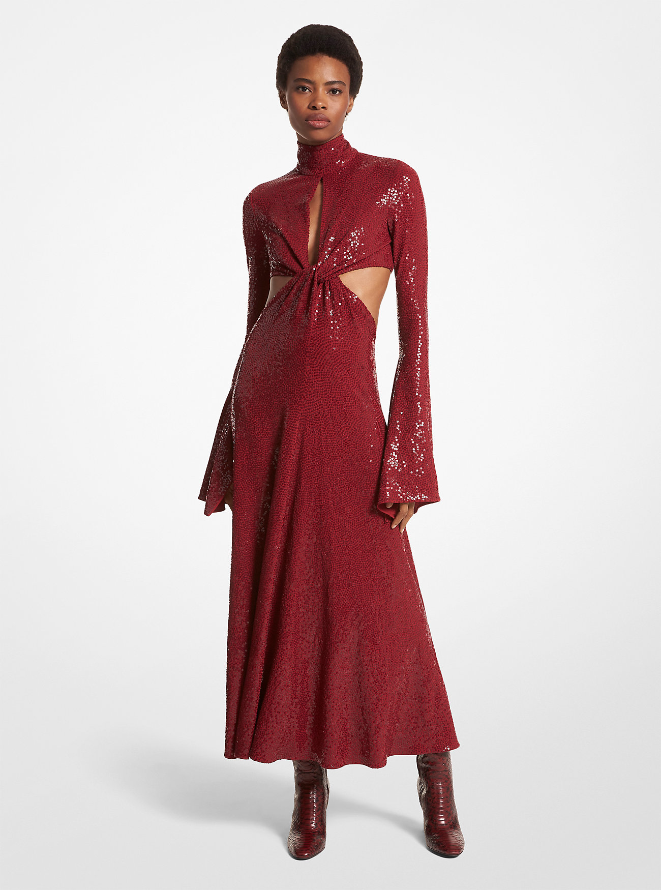 Hand-Embroidered Sequin Stretch Jersey Keyhole Dress - MERLOT