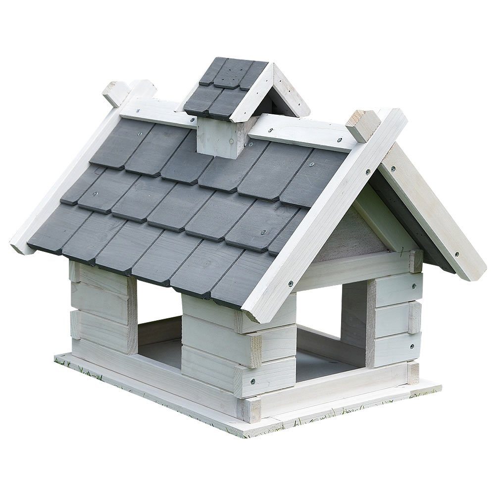 Mucola Vogelhaus Vogelvilla Grau Weiß Holz Vogelfutterhaus Vogelhaus Dach Vogelhäuschen, Eine kleine Erhöhung am Rand sorgt dafür, dass kein Futter herausfällt