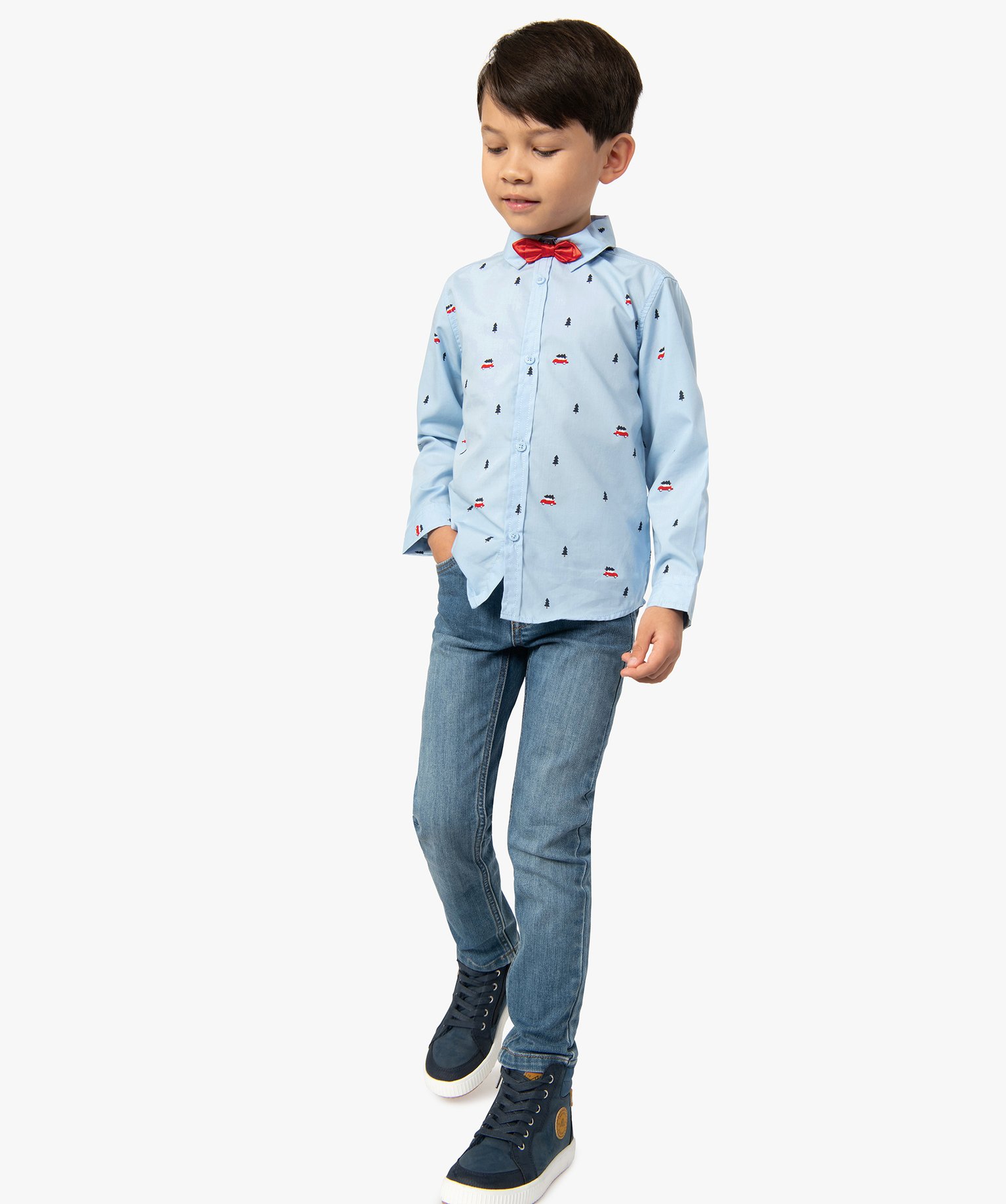 Chemise Garçon spéciale Nol avec n?ud papillon amovible bleu | GEMO