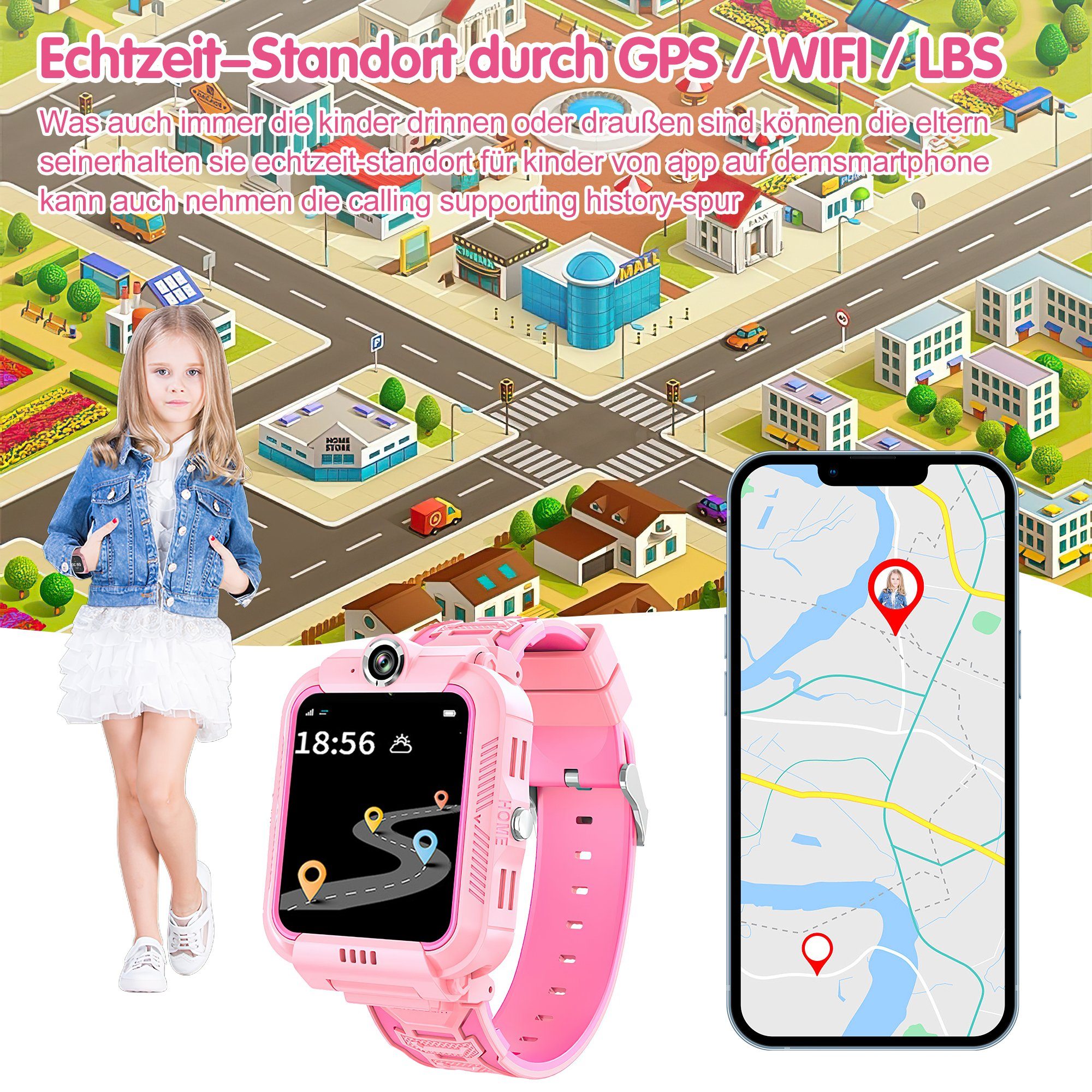 Tisoutec Kinder Smartwatch Telefon,Anrufe,Nachrichten, Smartwatch (Smartwatch (1.4 cm/ martwatch Telefon für Kinder - 4G, Kamera,telefonieren Zoll Zoll), Speicher 1+8G