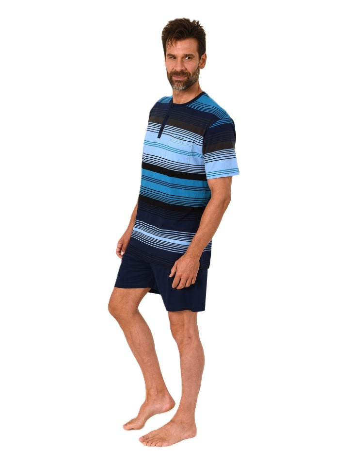 NORMANN Kurzarm Schlafanzug Pyjama Shorty Streifen in marine günstig kaufen