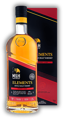 M&H Elements Sherry Cask Single Malt Whisky M&H Elements Sherry Cask Single Malt Whisky Der erste Single Malt Whisky überhaupt, der in koscheren Sherryfässern gereift ist, die exklusiv für die H&M Destillerie direkt in Jerez hergestellt wurden. 0,7