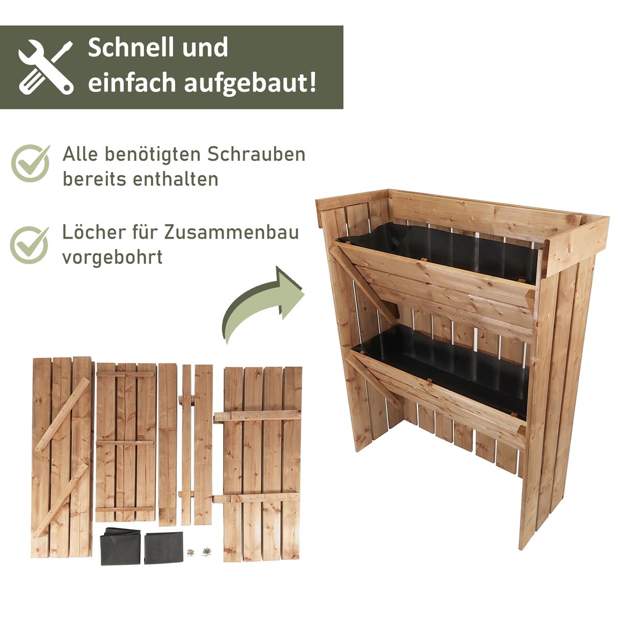 Lemodo Blumentreppe aus Holz, Pflanzregal mit Gartenvlies, Blumenkasten als Sichtschutz