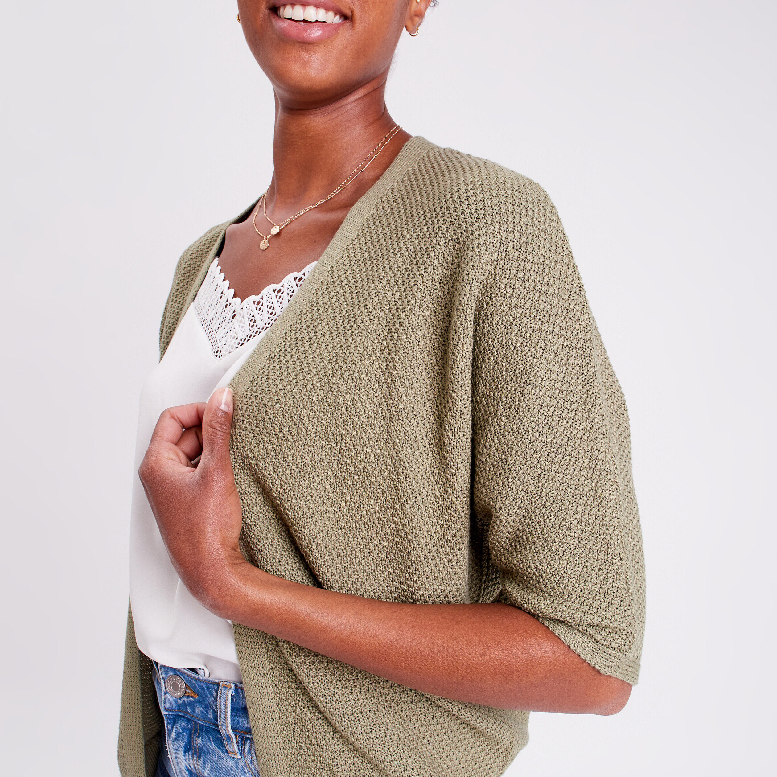 Gilet manches 3/4 vert kaki femme | Cache Cache