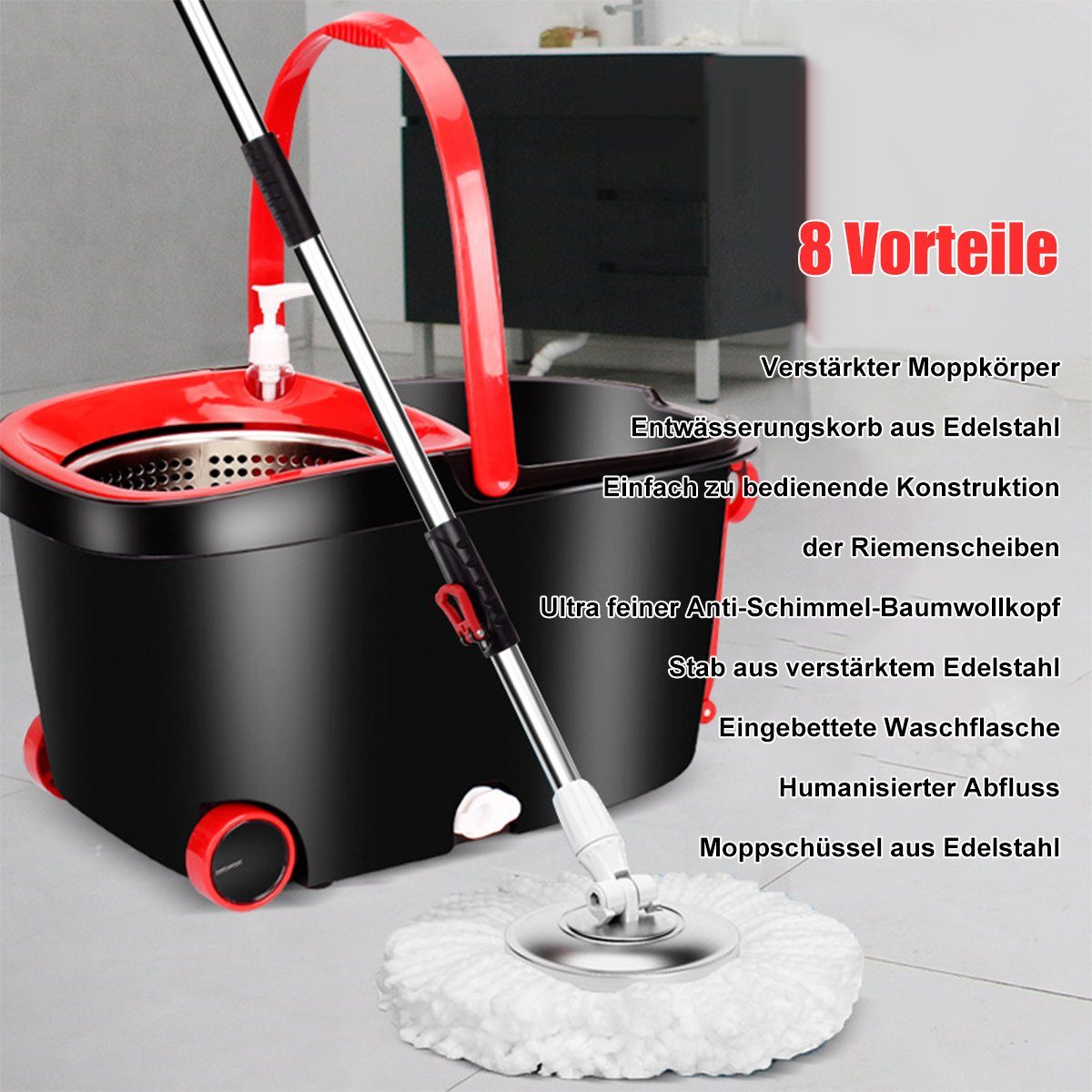 Hikeren Wischmopp Bodenwischer-Set mit Turbo,Leicht auswringen reinigen,3 Mikrofasertuch, Mit Putzeimer, drehbar