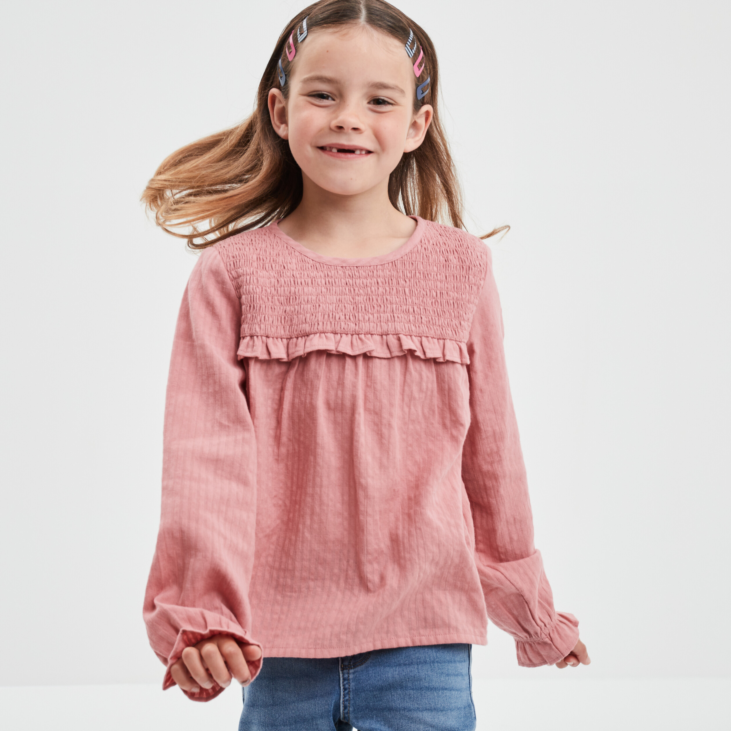 Blouse smockée au col coton Creeks rose fille | La Halle