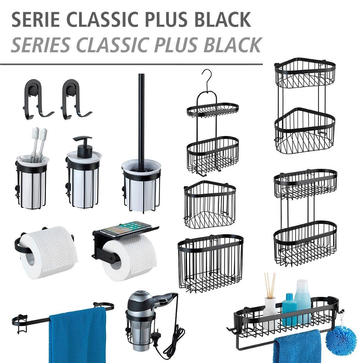 WENKO Eckregal Classic Plus Black, 1 Ablage, 1 Korb