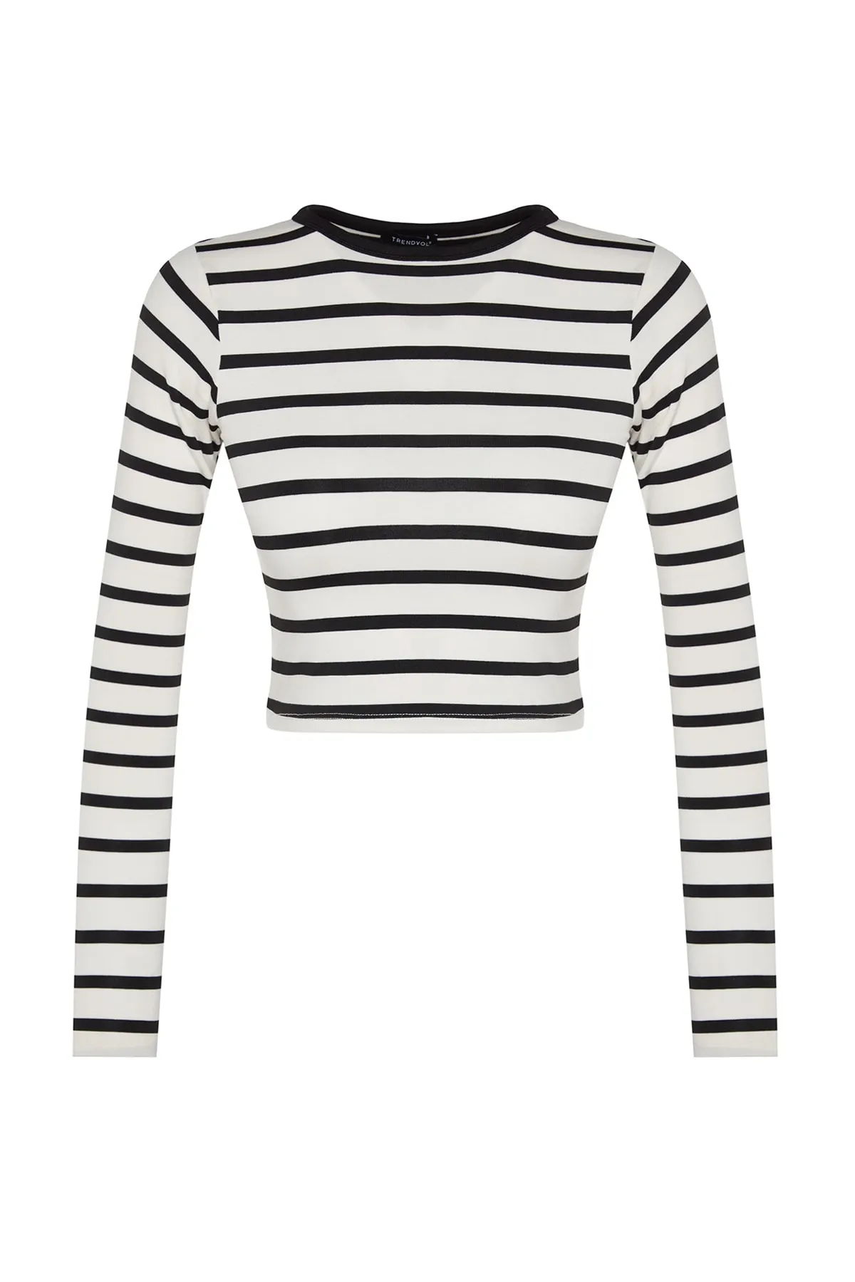 Trendyol Collection  Schwarz gestreifte Premium-Viskose-Strickbluse aus weichem, eng anliegendem, bauchfreiem, dehnbarem Stoff TWOAW24BZ00048