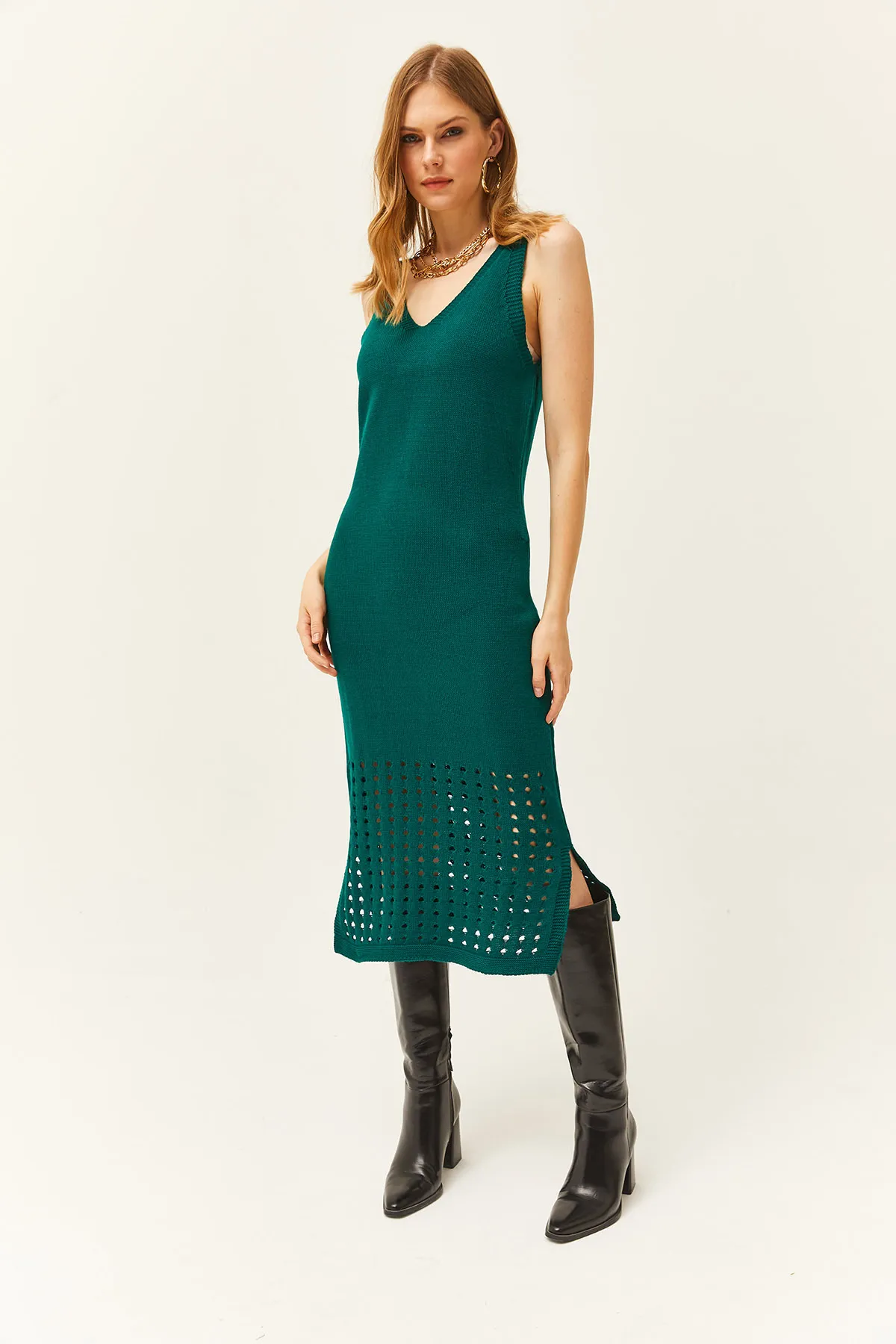 Olalook  Smaragdgrünes Oberteil mit durchbrochenem Pullover und unterem durchbrochenem Kleid aus Strickwaren-Set TKM-19000246