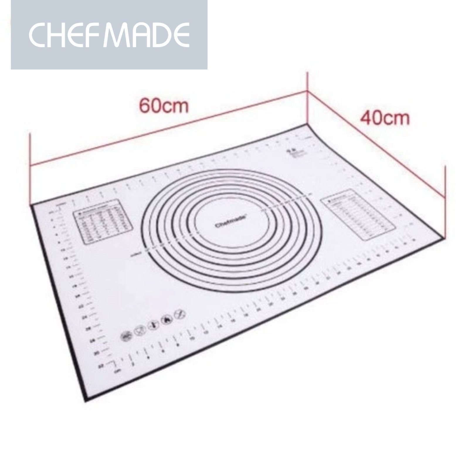 Chefmade Backmatte Ausrollmatte für Teig mit Messskalen, antihaft, lebensmittelechtes Silikon (CHEFMADE, 60cm rechteckige Backmatte, 600x400mm, Silikon-Backmatte, Backmatte, Backunterlage, antihaft, Backzubehör, 1-tlg., Premium), Backmatte Silikon -