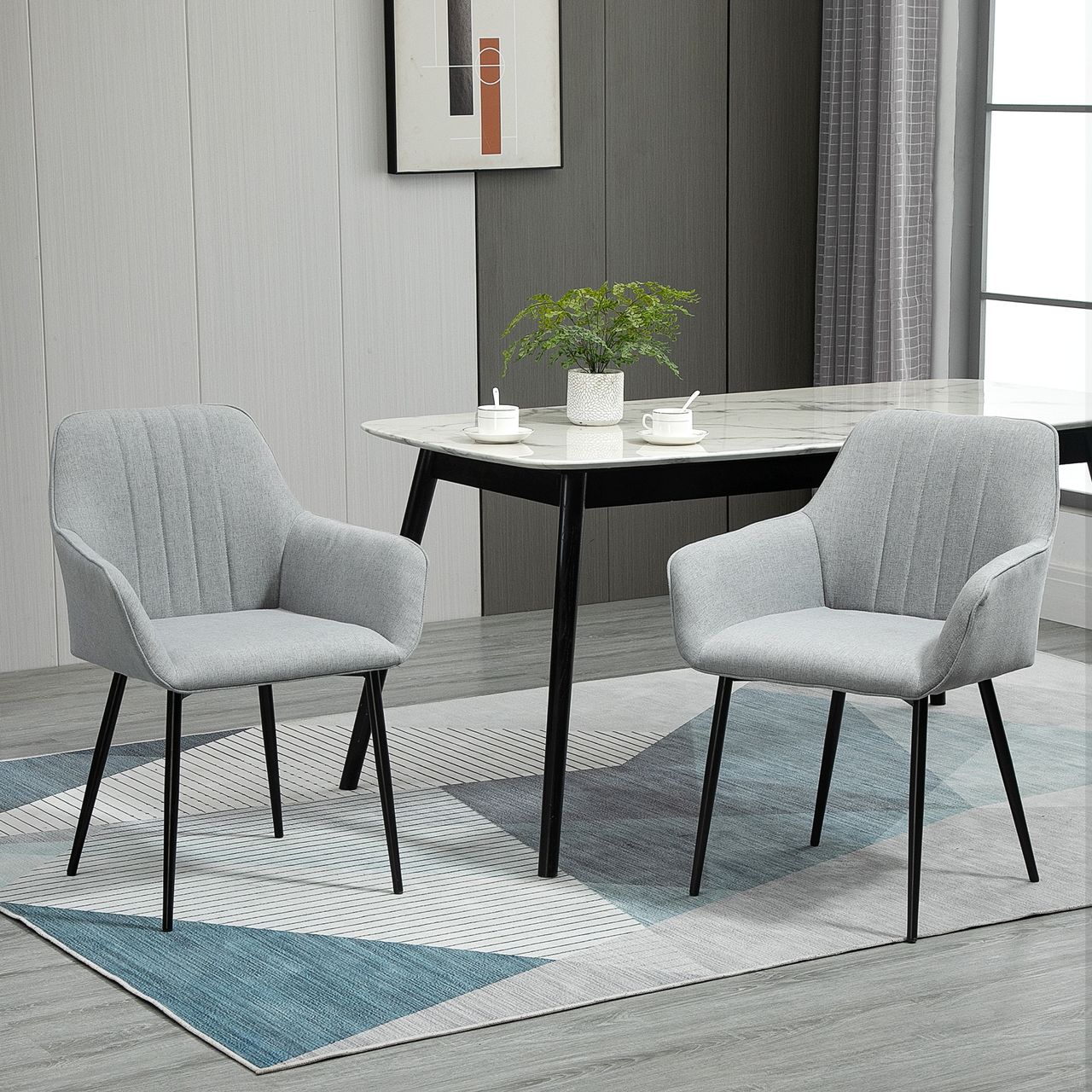 HOMCOM 2-teiliger Esszimmerstühle Essstühle mit atmungsaktivem Leinenbezug ergonomischer Küchenstuhl mit Rückenlehne Armlehne und Metallbeinen Leinen Hellgrau 59,5 x 56,5 x 81 cm