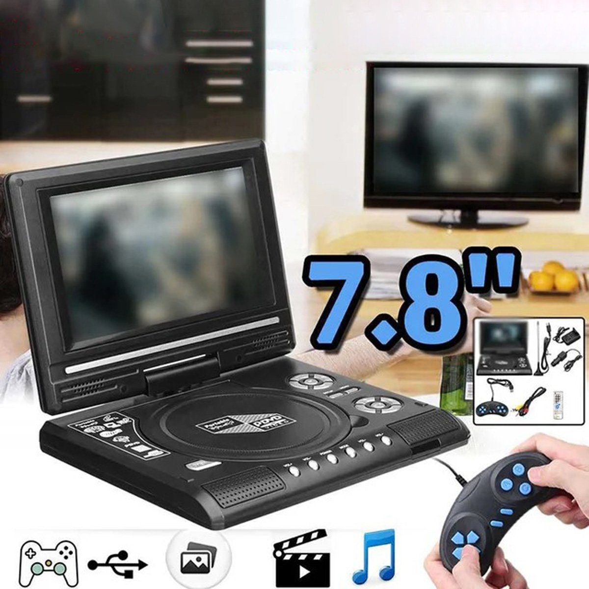 Yoyaxi Tragbarer 7,8-Zoll-DVD-Player mit hochauflösender TV-Funktion Portabler DVD-Player (Integrierter Kartenleser, mobiler DVD-Player mit drehbarem Bildschirm)