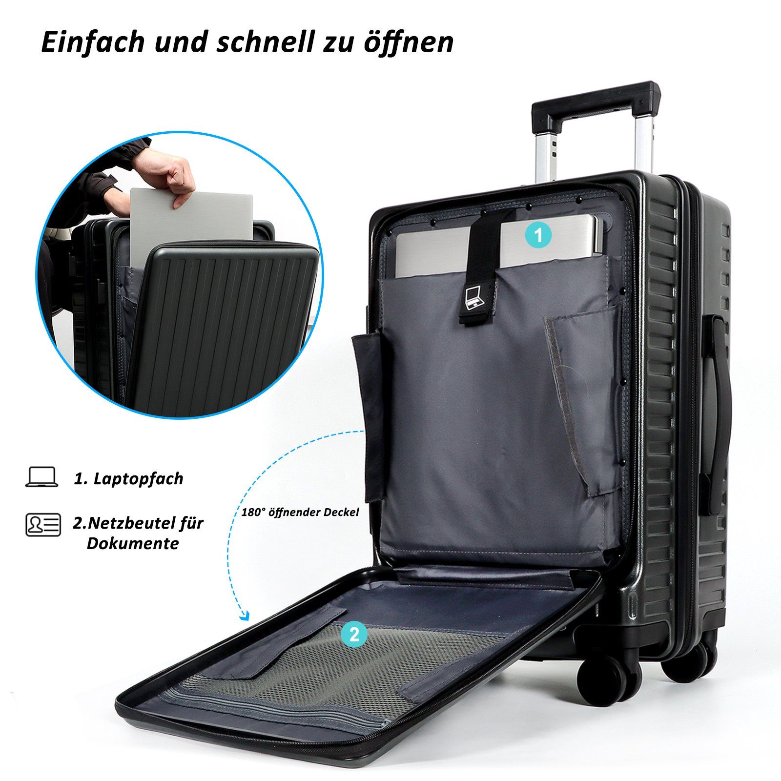 CALIYO Business-Trolley Handgepäck mit Laptopfach Hartschalen Trolley, Business Trolly, Roll-Reisekoffer 4 Doppel-Rollen, 45 cm, 36 L, Schwarz/Dunkelgrau