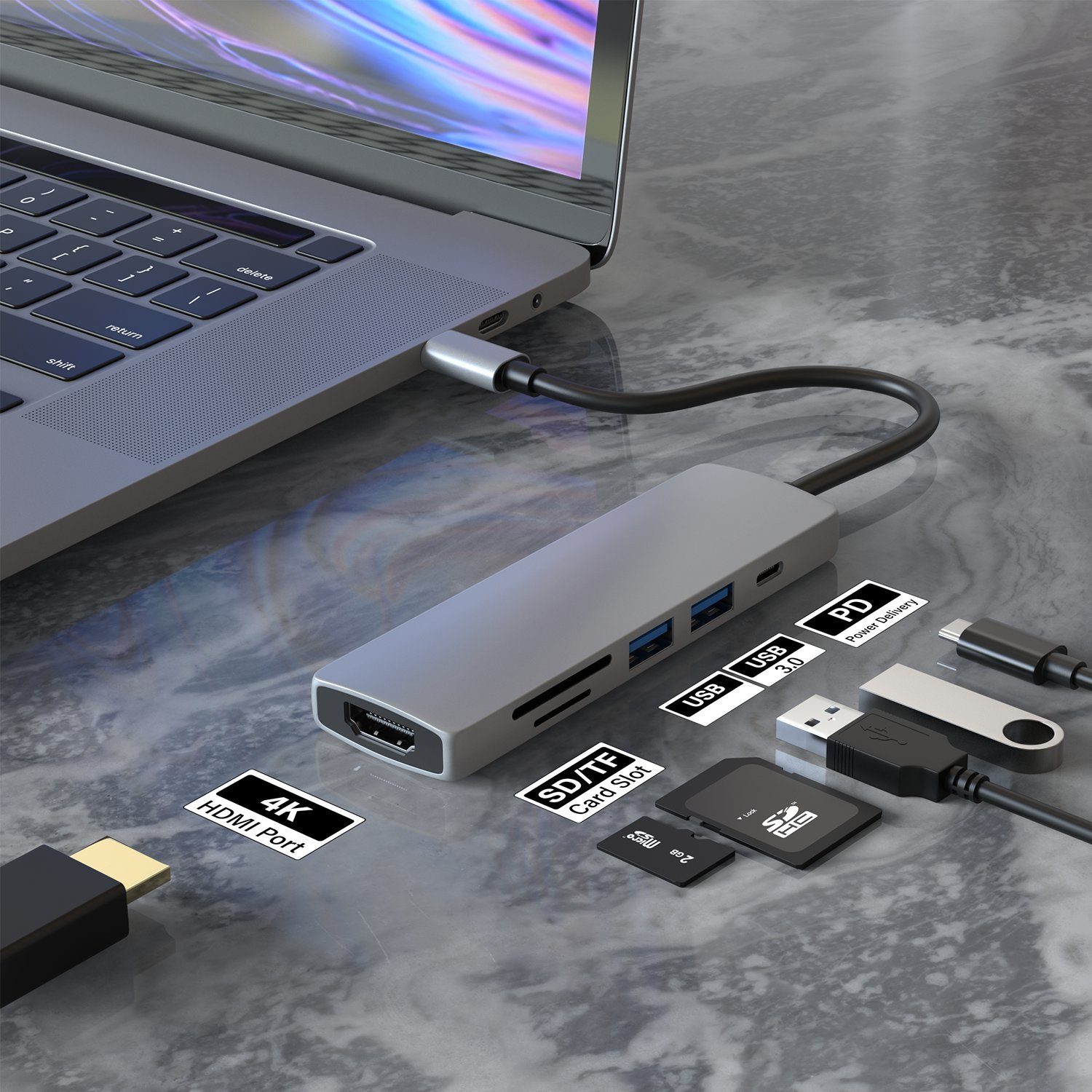 TradeNation Laptop-Dockingstation USB C Hub 6 in 1 Adapter HDMI 4K USB 3.0 Micro SD für Laptop Samsung, (1 St), Schnelles Laden, 4K