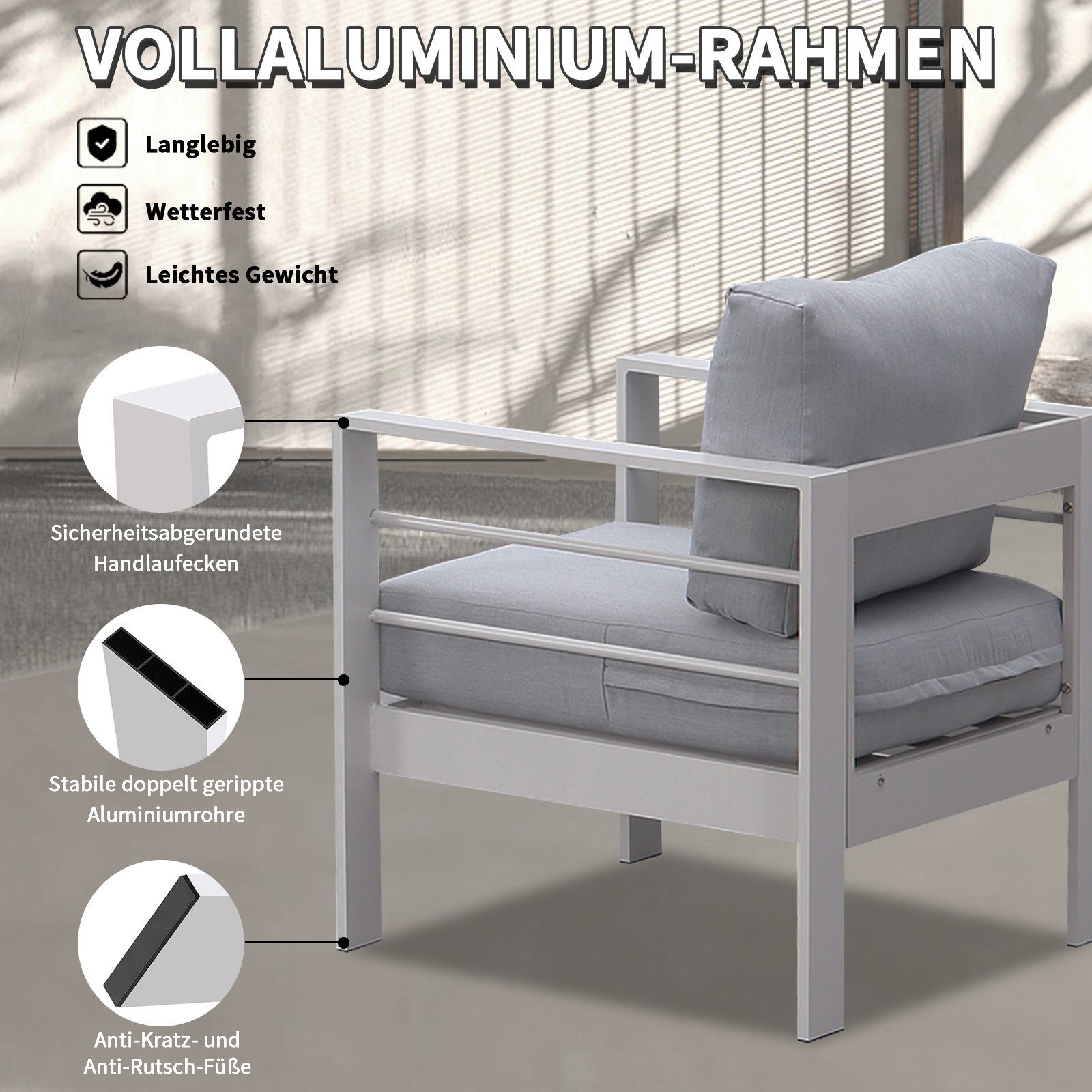 MeXo von GLP HOME Gartenlounge-Set Gartenmöbel Lounge Set 4-Teilige Aluminium Wetterfest für 4-5 Personen, (Gartenlounge Set, Balkonmöbel Set Kleiner Balkon, Essgruppe mit Kissen, 3-Sitzer-Sofa, 2 Sessel, 1 Tisch), Gartengarnitur Sitzgruppe für Terra