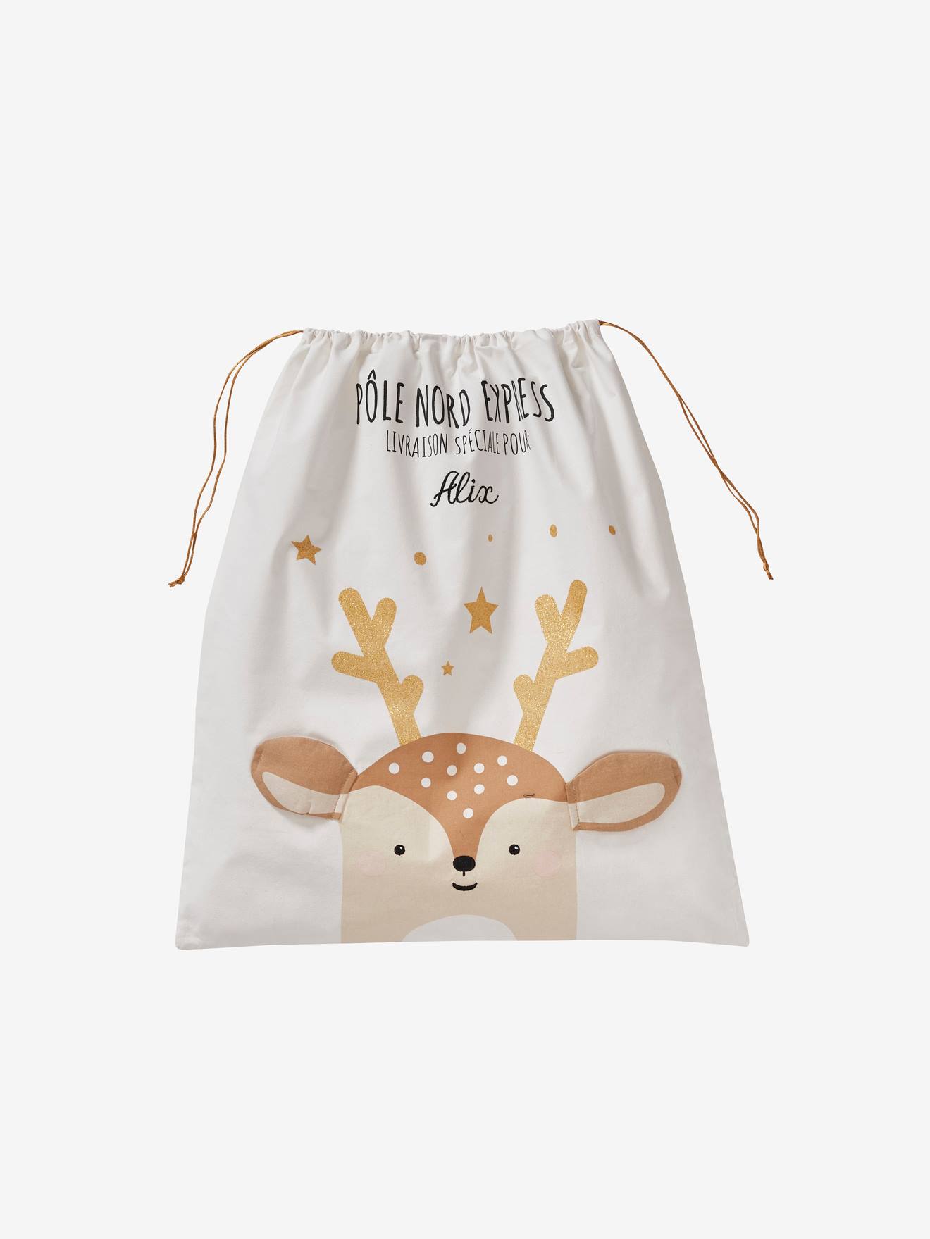 Vertbaudet Geschenkbeutel Rentier, nachhaltige Stoff-Verpackung, personalisierbar - wollweiß