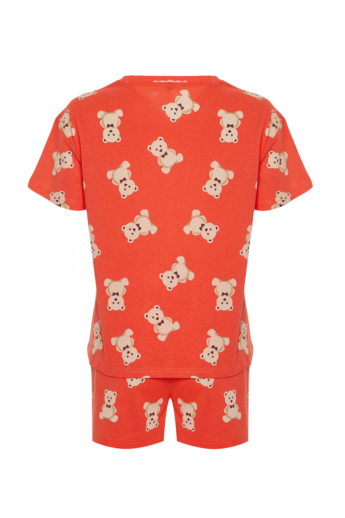 Trendyol Collection  Zimtfarbenes, gestricktes Pyjama-Set mit T-Shirt und Shorts aus 100 % Baumwolle mit Teddybär-Muster THMSS23PT00005