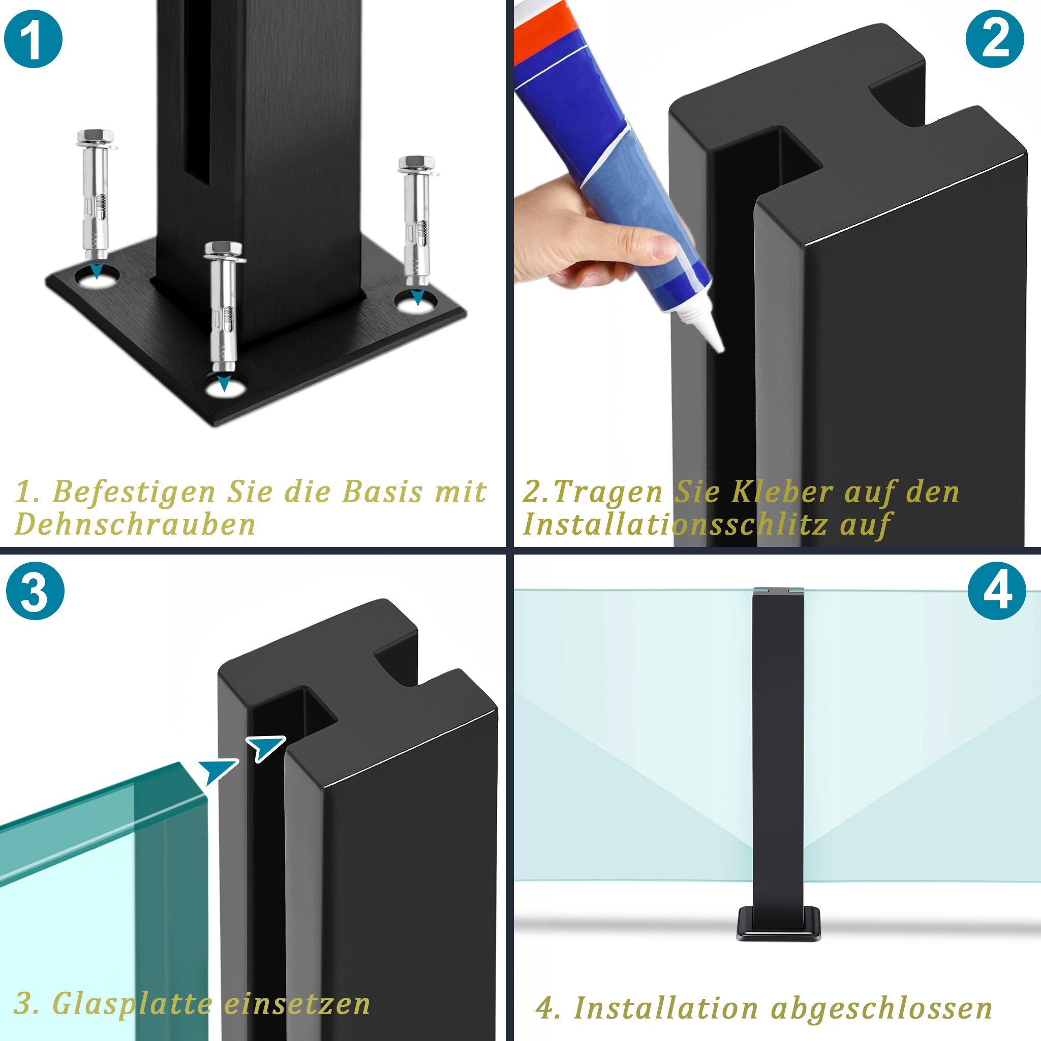 AUFUN Zaun Glas Geländerpfosten Glashalter Edelstahl Silber Glasklemme, 10-12mm, (Glas-Geländerpfosten, Glas-Balustradenpfosten), Sichtschutz, Windschutz für Gehärtetes Glas Werden 85cm / 95cm