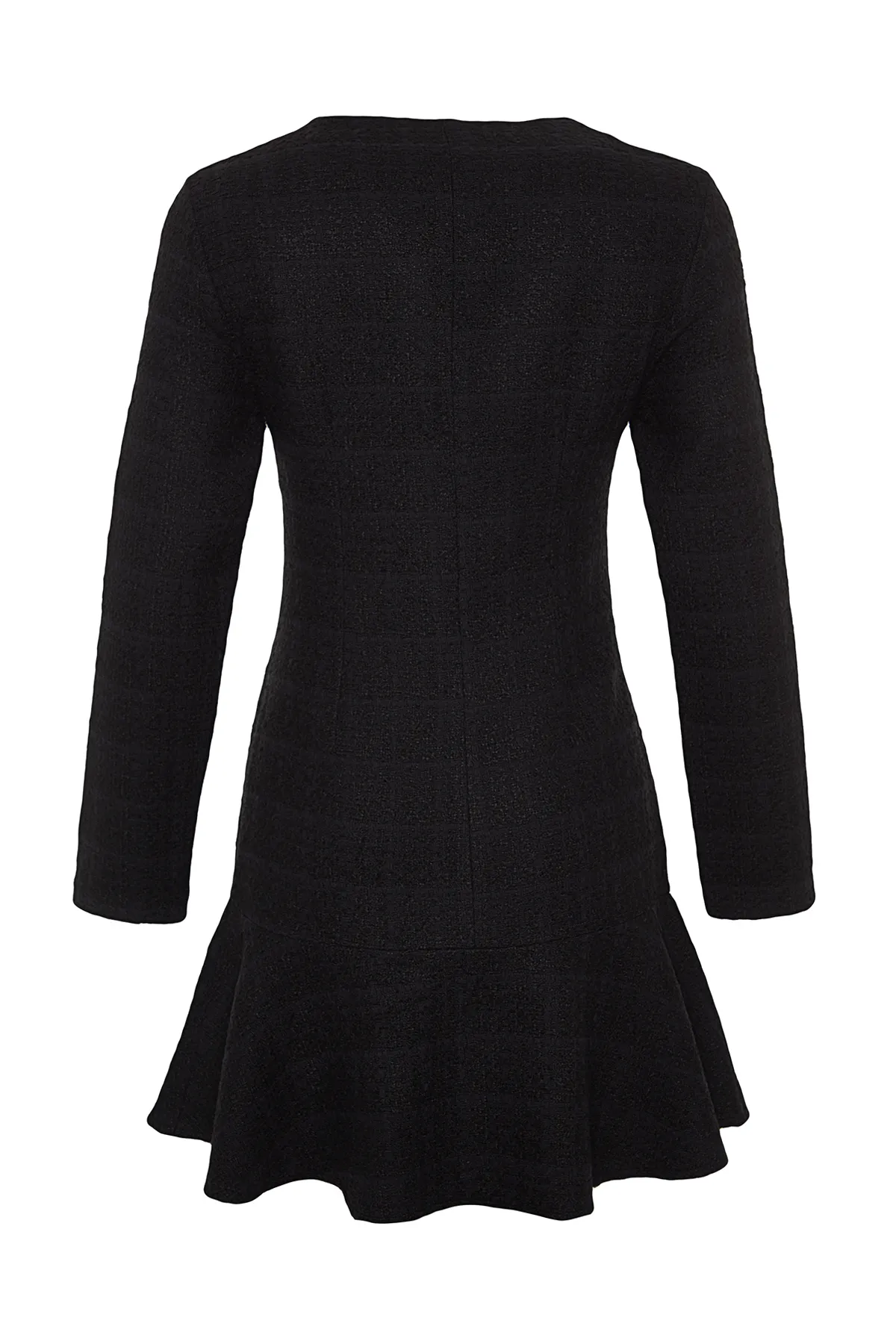 Trendyol Collection  Schwarzer Rock, Volant, Knopfdetail, V-Ausschnitt, Tweed-Webkleid TWOAW24EL00837