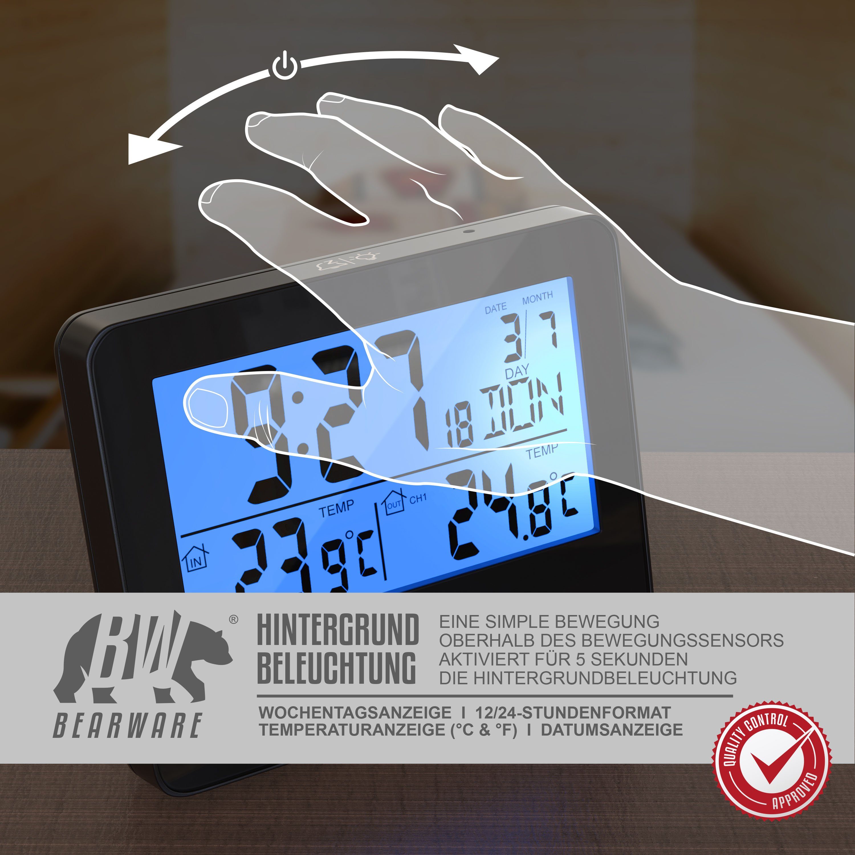 BEARWARE Wetterstation (mit Außensensor, Funk, Multifunktion, Funkuhr mit DCF-Signal, LCD-Display)