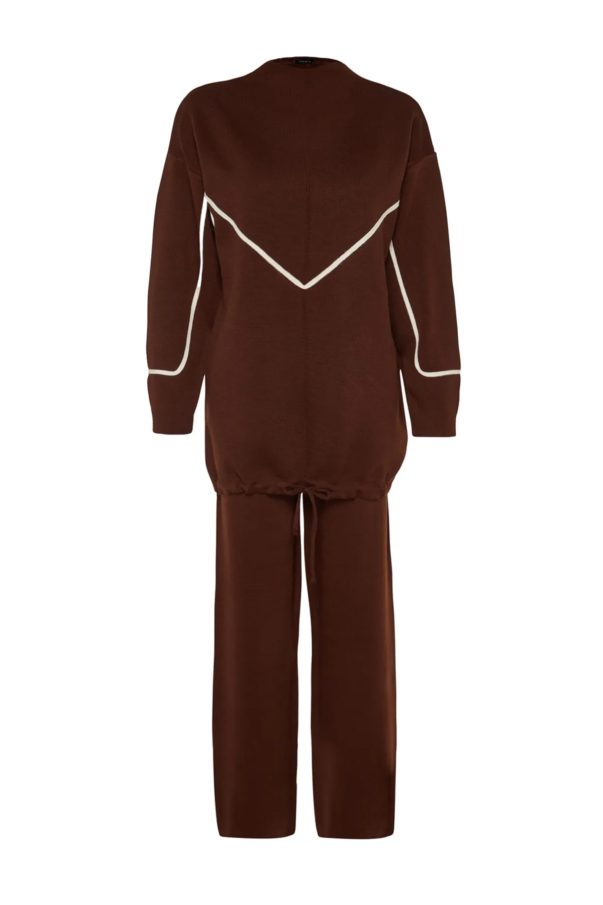 Trendyol Modest  Braunes, detailliertes, gestreiftes Strick-Unterteil-Top-Set mit Krawatte TCTAW24US00056