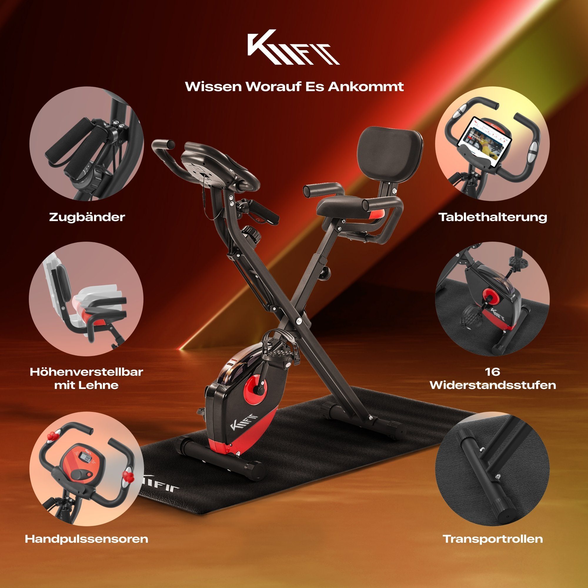 KM - Fit Heimtrainer Fahrrad Fitness, Cardio&Krafttraining, zusammenklappbar, bis 100 kg (Set, 4-tlg)
