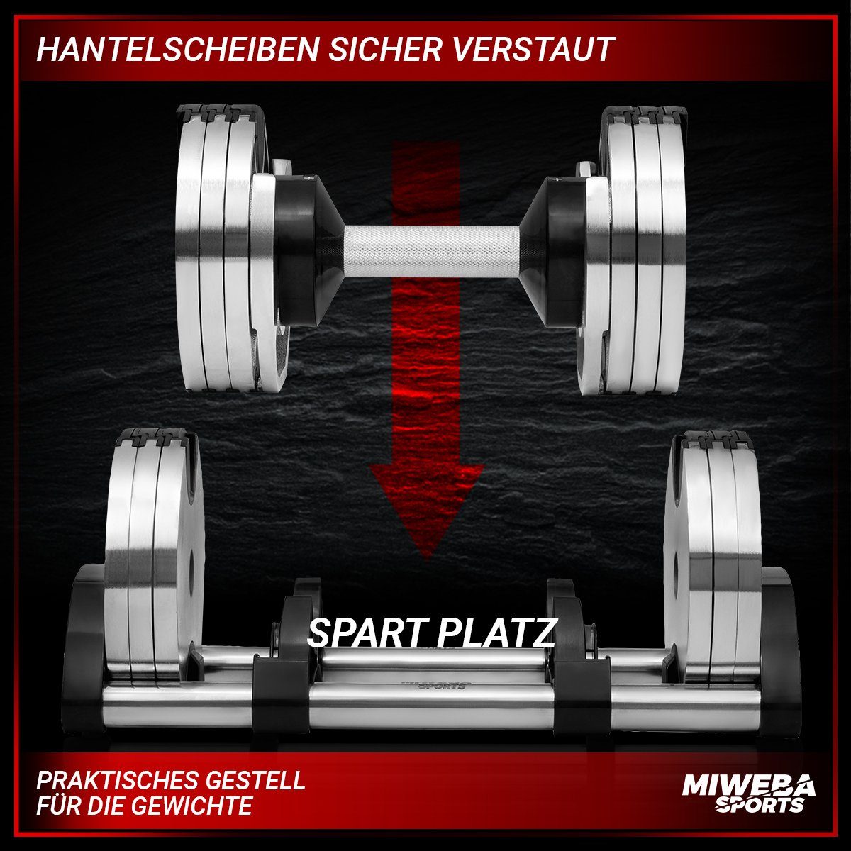 Miweba Sports Kurzhantel verstellbares Fitness Hantel Set VH100 inkl. Gestell, (Packung, 12 Gewichtsstufen, 2 – 24 kg, funktionales Verschluss-System, Stahl, Chrom Optik, platzsparend, Krafttraining, Muskelaufbau, Sport, Workout, Kurzhantelset), 12-i