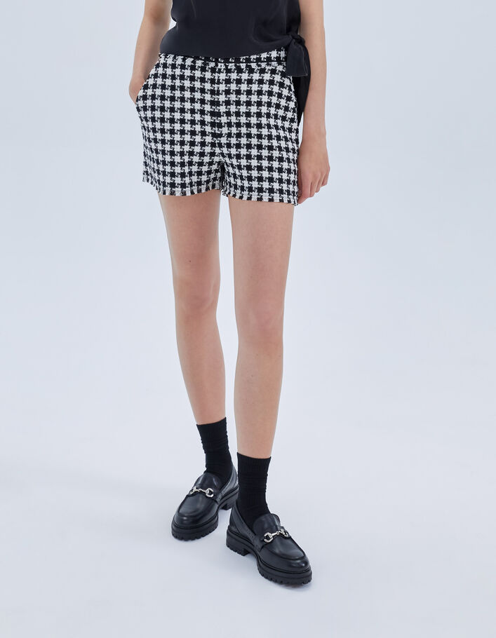 Short noir effet tweed à motif pied-de-coq Femme