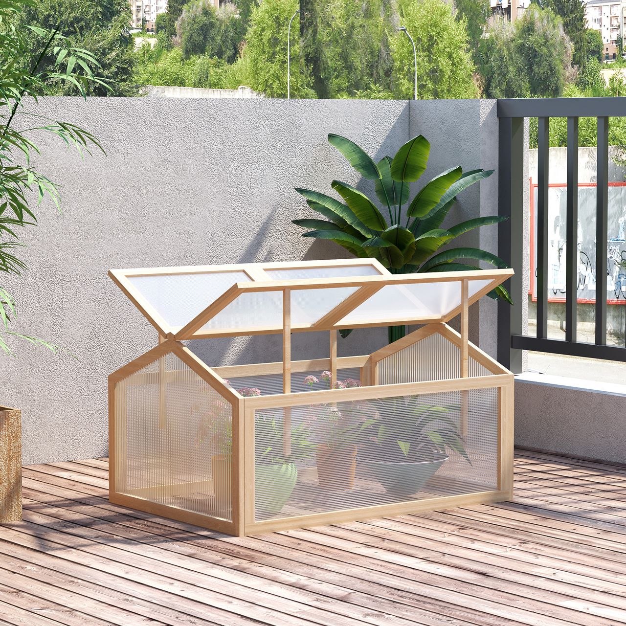 Outsunny Frühbeet Gewächshaus Treibhaus Frühbeetkasten Pflanzenbeet mit Abdeckung aus Holz und Polycarbonat wetterfest Natur 102 x 71 x 53 cm