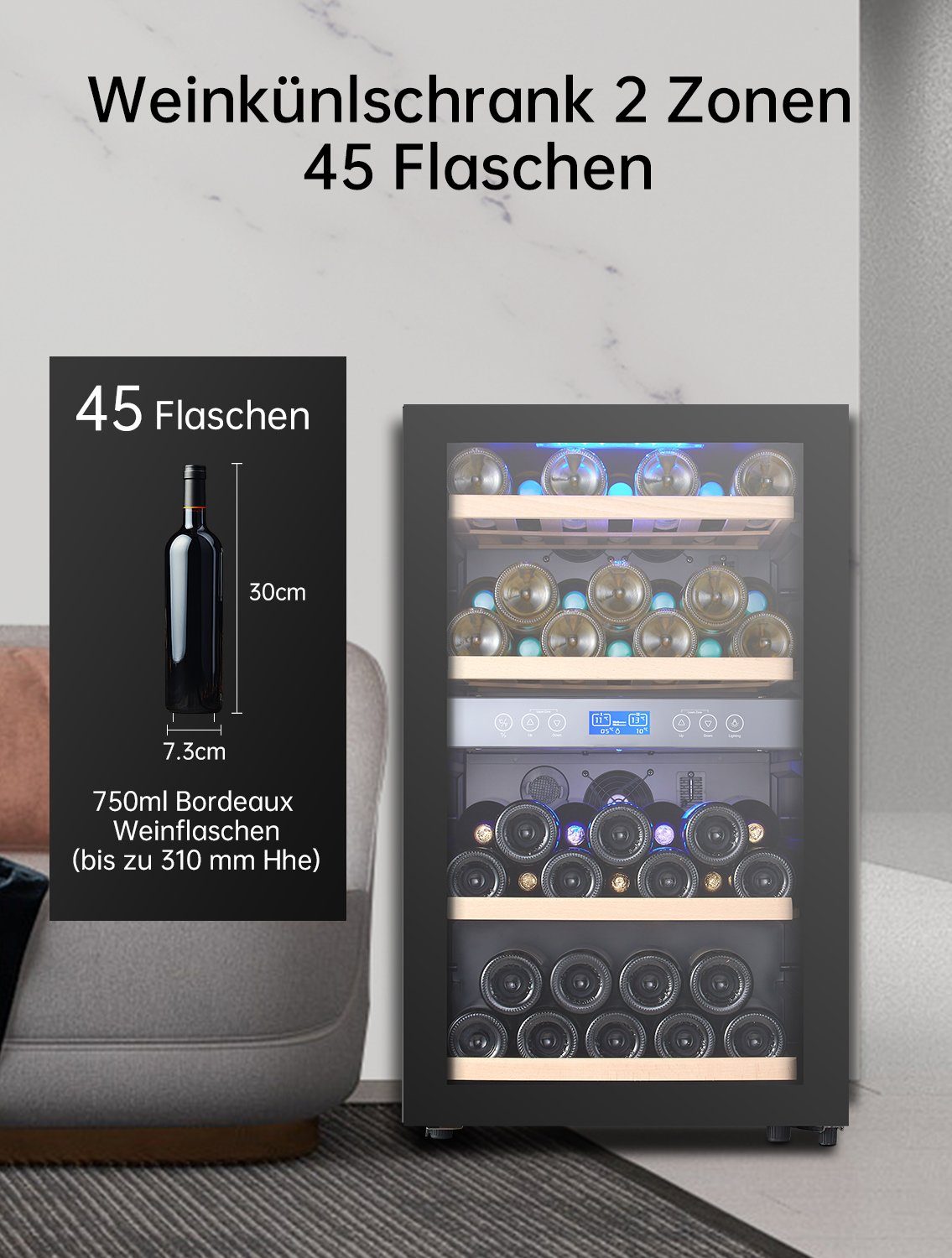 kalamera Weinkühlschrank KRC-120BFG, für 45 Standardflaschen á 0,75l,2 Zonen