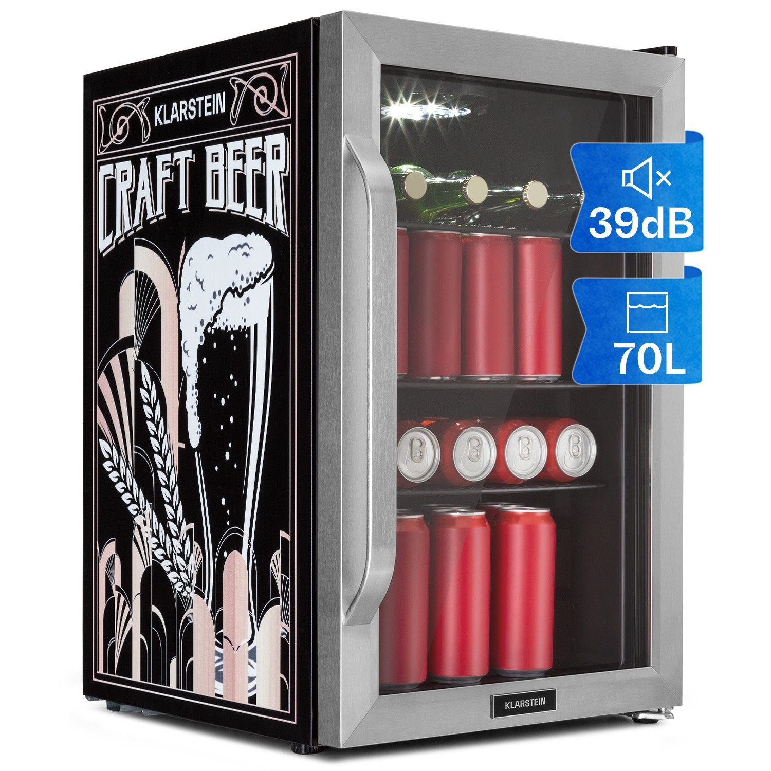 Klarstein Getränkekühlschrank HEA13-CraftBeer-SS 10041181, 67 cm hoch, 43 cm breit, Bierkühlschrank Getränkekühlschrank Flaschenkühlschrank mit Glastür