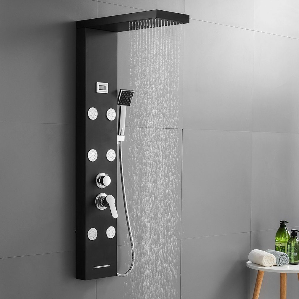 Auralum Brausegarnitur Multifunktion Duschpaneel Schwarz Duschset Edelstahl Duschsäule Dusche, mit Massagedüsen Handbrause und Überkopfdusche
